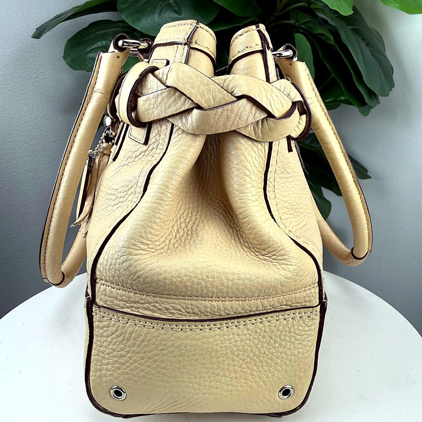 Authentic Coach Tan Pebbled Leather Satchel - Braided Knot Hardware, Tassel Fob