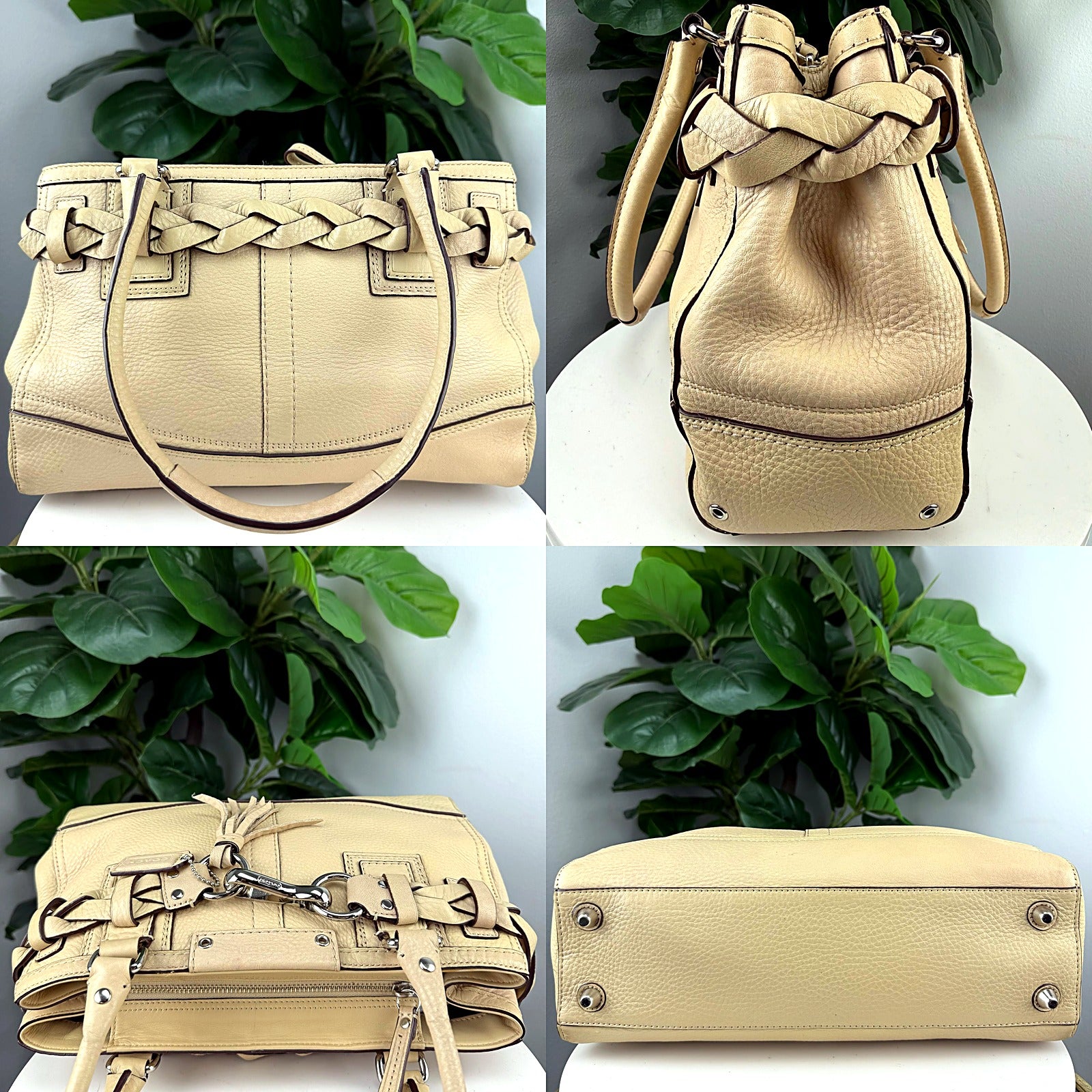 Authentic Coach Tan Pebbled Leather Satchel - Braided Knot Hardware, Tassel Fob