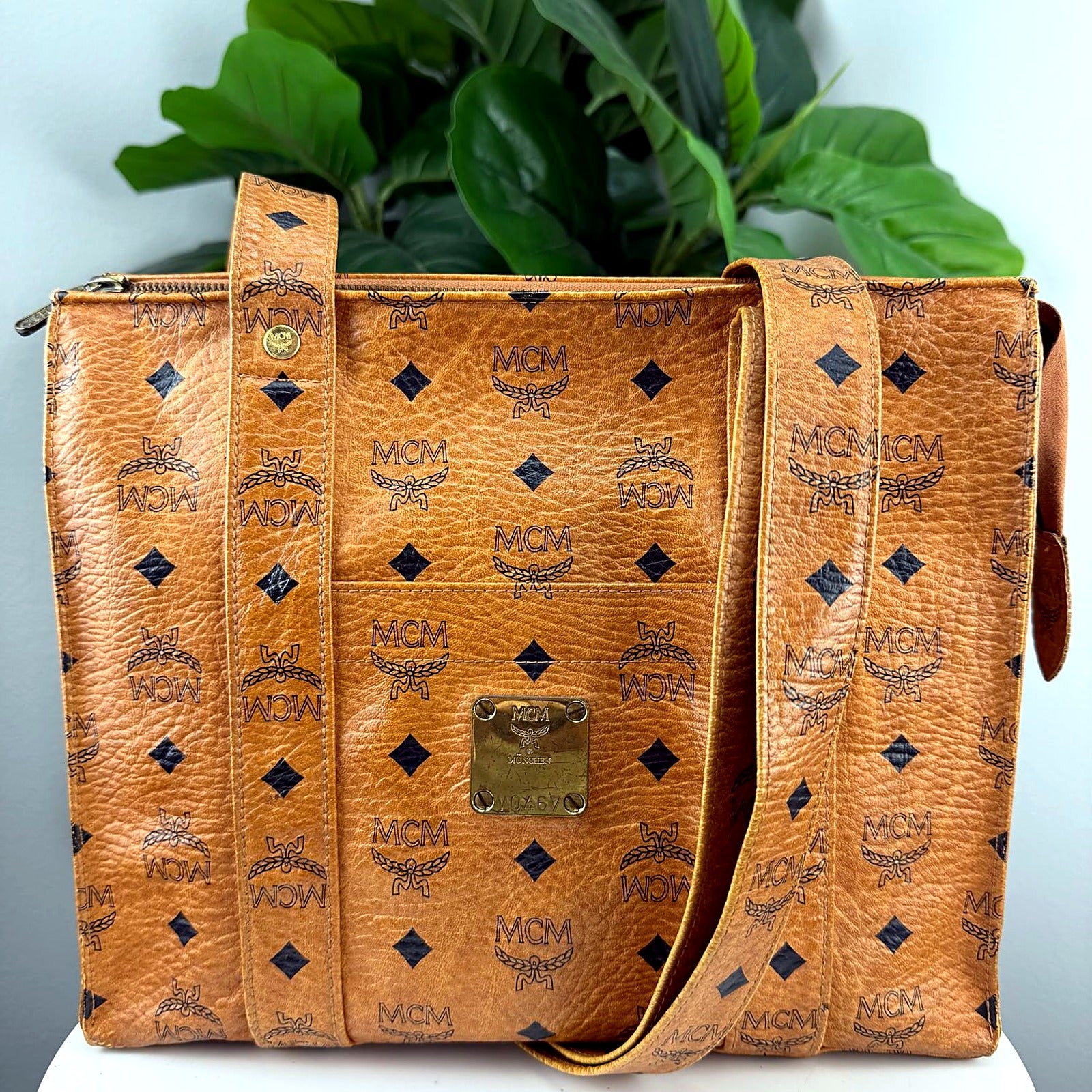 Authentic MCM Tan Visetos Tall Crossbody Tote - A0467