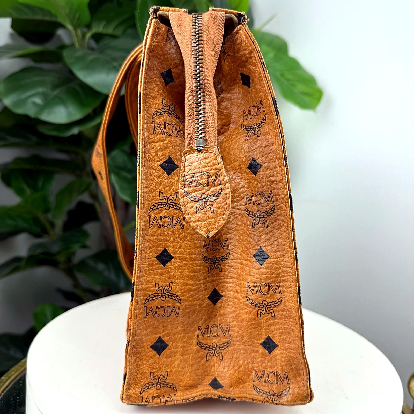 Authentic MCM Tan Visetos Tall Crossbody Tote - A0467