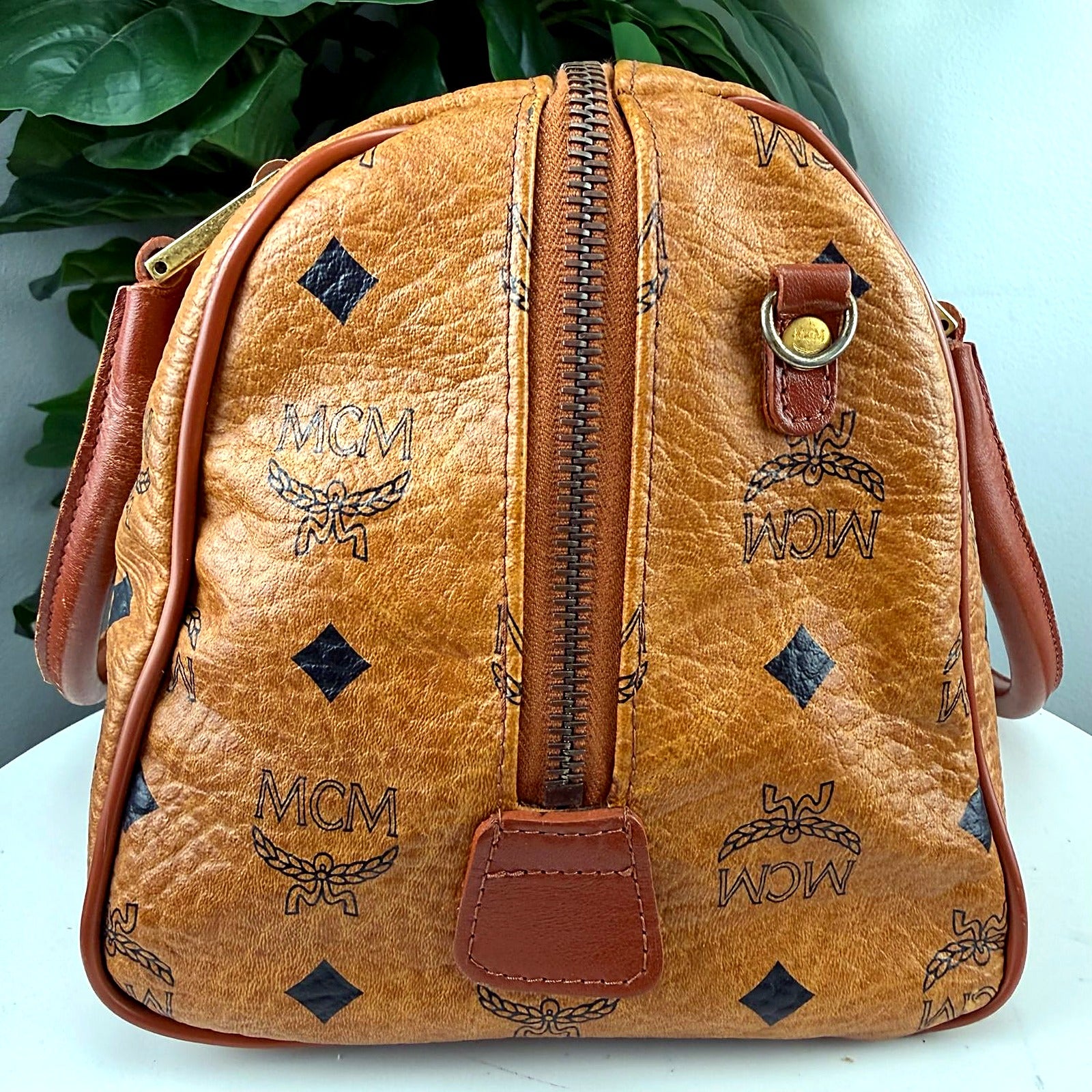 Authentic MCM Tan Visetos Speedy Bowling Bag - C6436