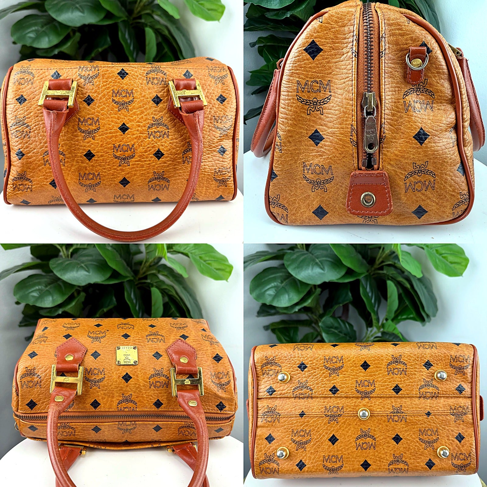 Authentic MCM Tan Visetos Speedy Bowling Bag - C6436