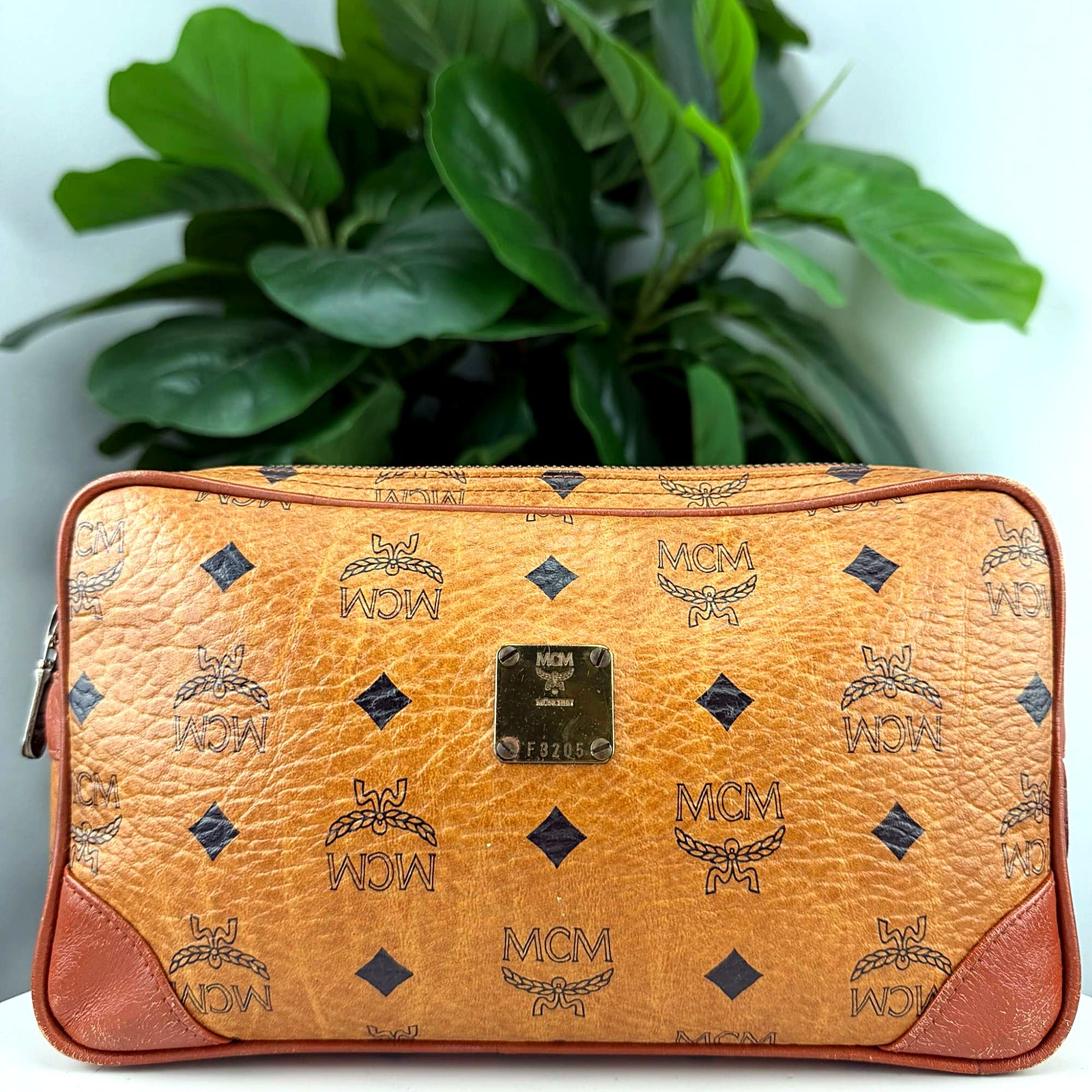 Authentic MCM Tan Visetos Zip Pouch Toiletry Case - F3205
