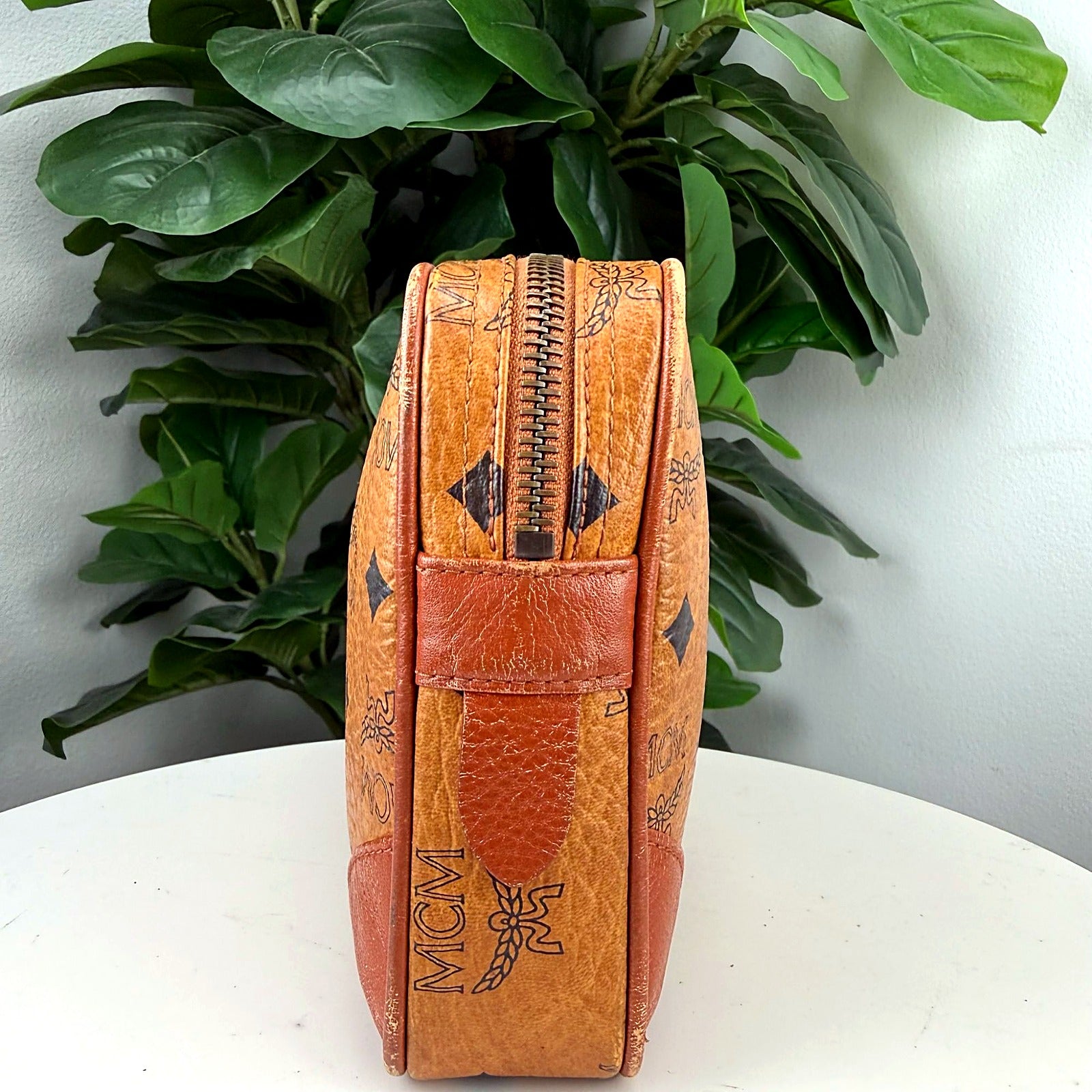 Authentic MCM Tan Visetos Zip Pouch Toiletry Case - F3205