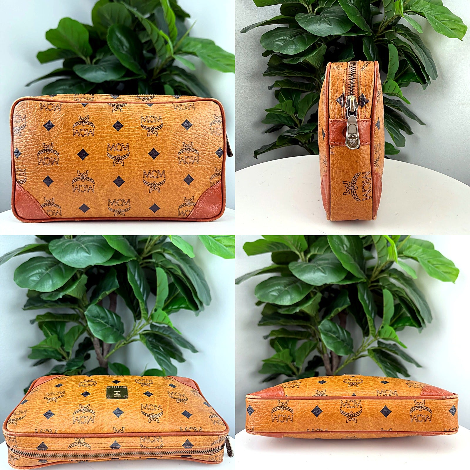 Authentic MCM Tan Visetos Zip Pouch Toiletry Case - F3205