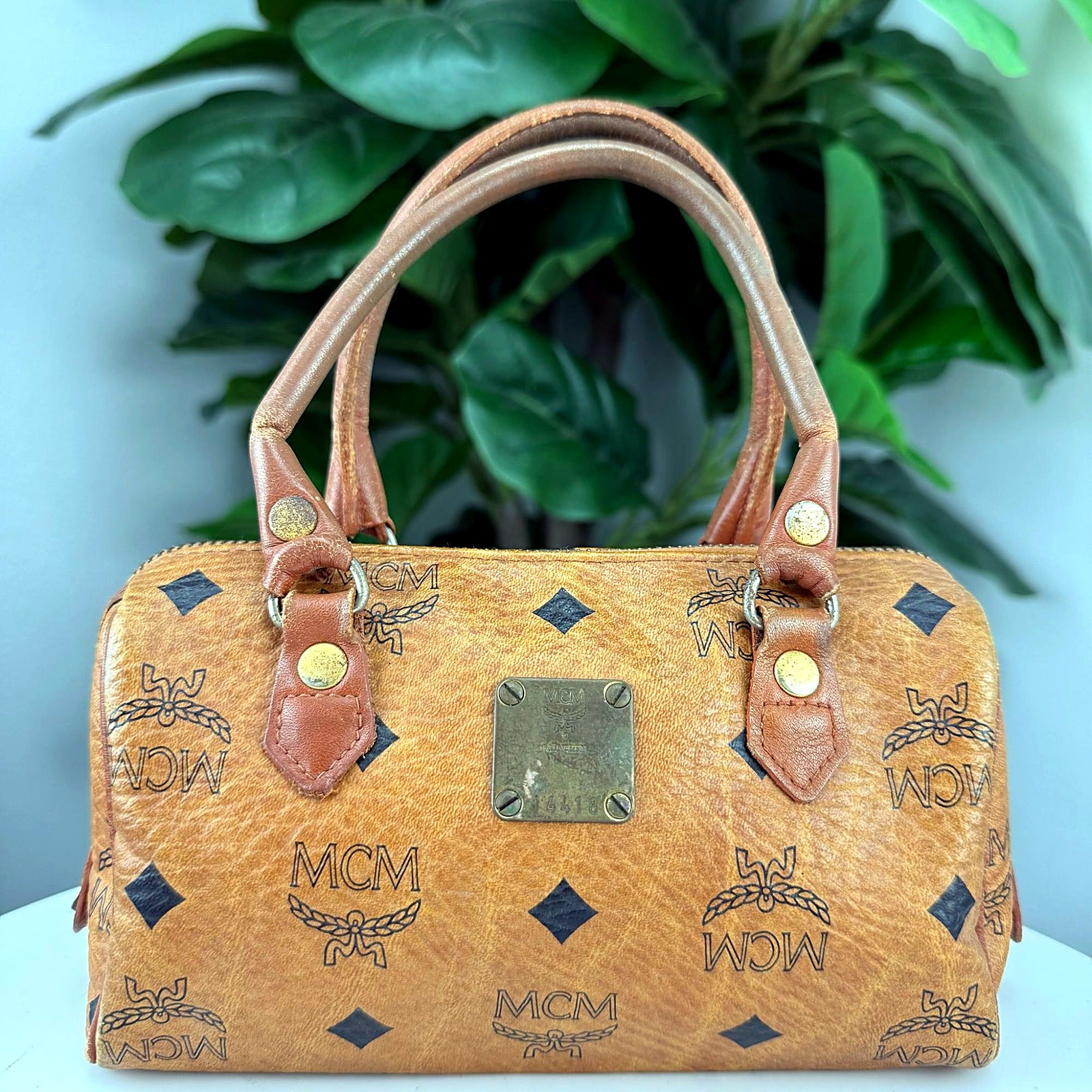 Authentic MCM Tan Visetos Boston Bag - 14418