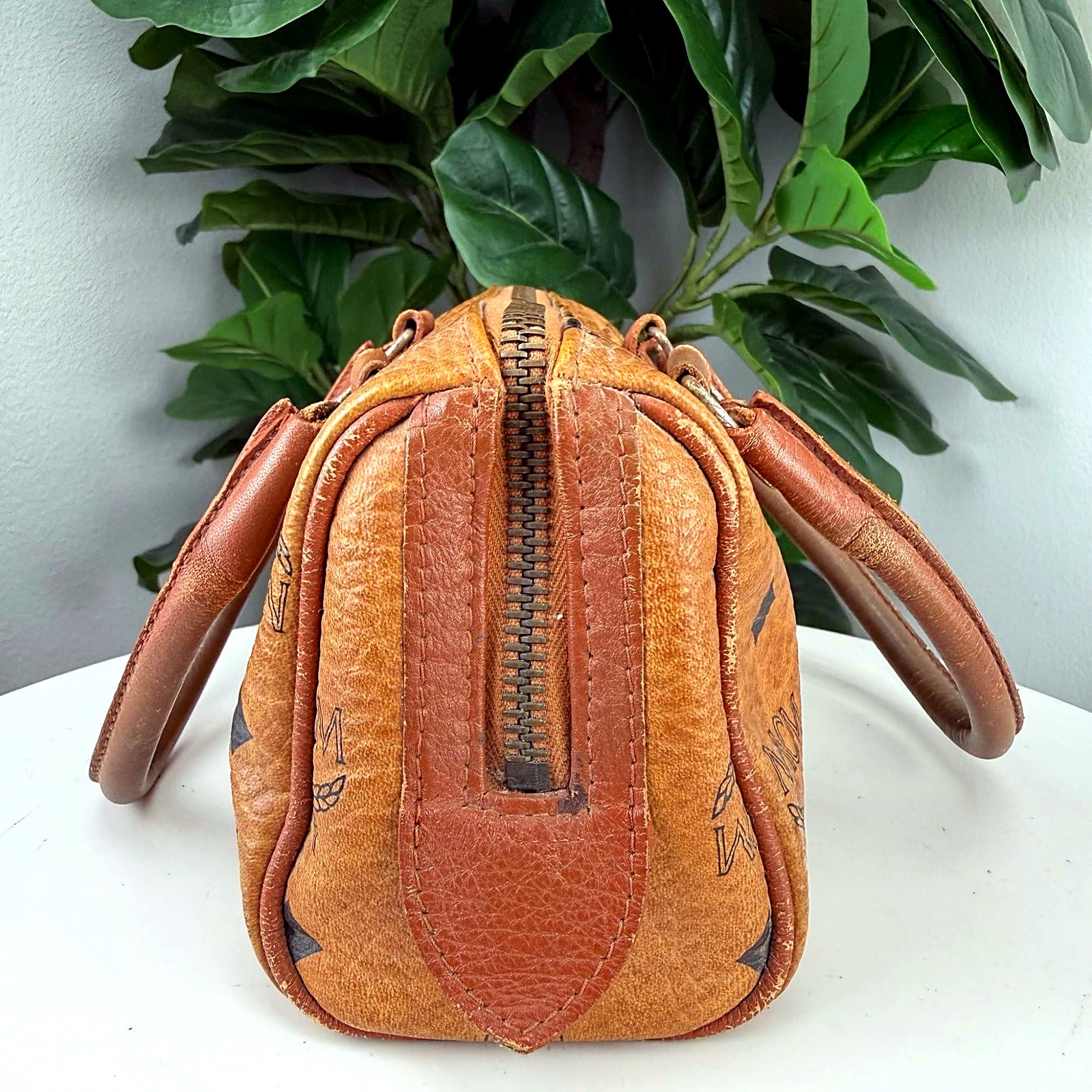 Authentic MCM Tan Visetos Boston Bag - 14418
