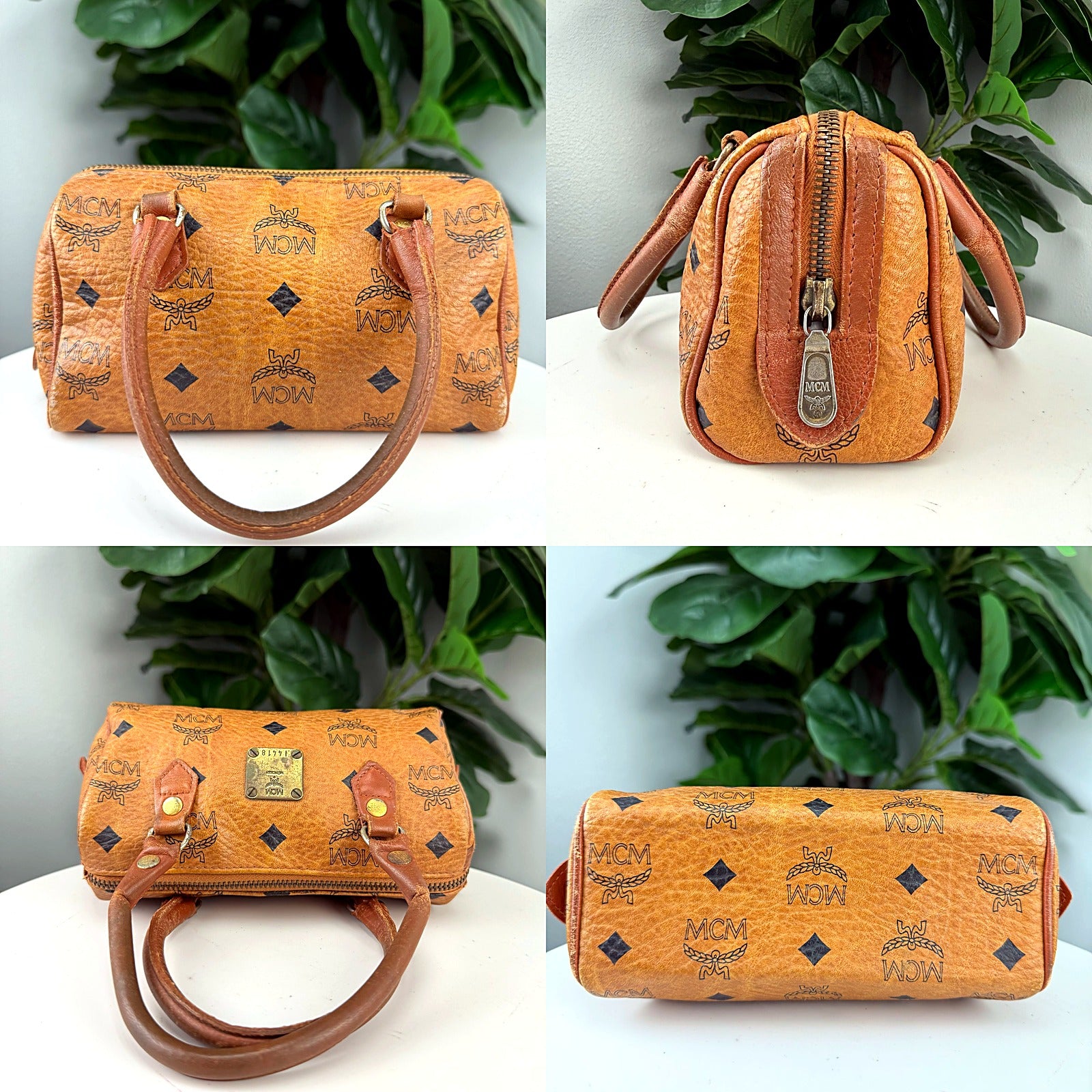 Authentic MCM Tan Visetos Boston Bag - 14418