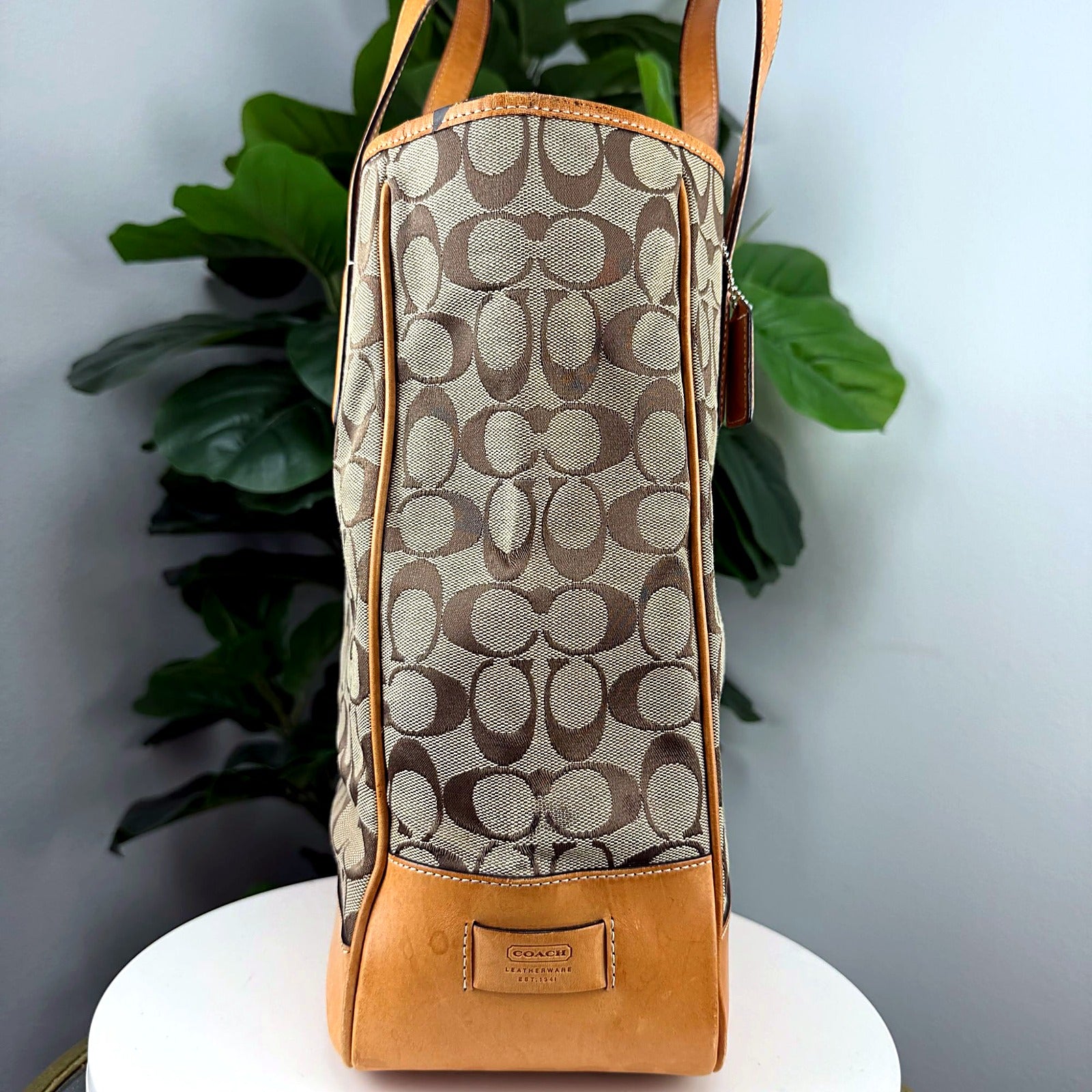 Authentic Coach Tan Signature Canvas Jacquard Tote - Leather Trim
