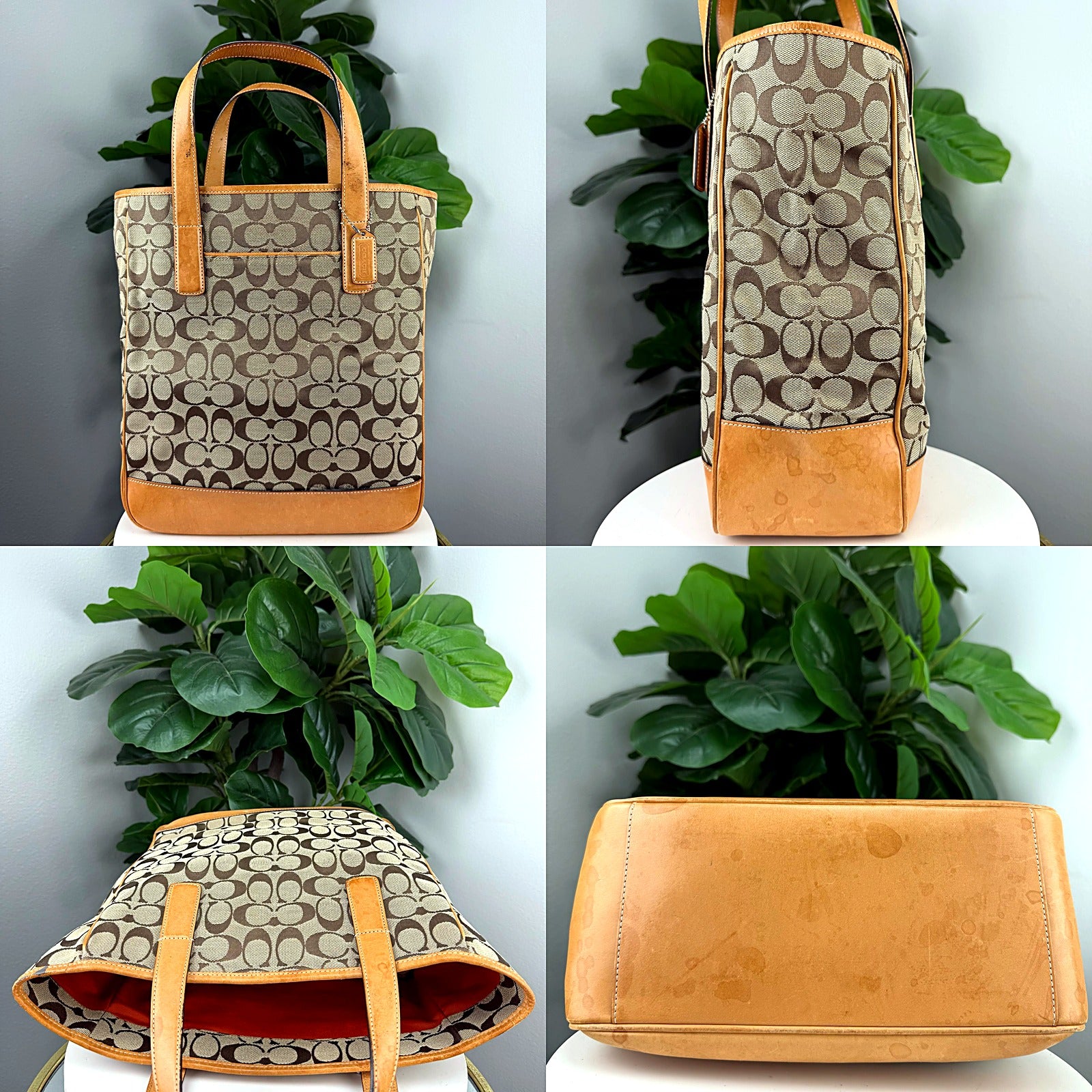 Authentic Coach Tan Signature Canvas Jacquard Tote - Leather Trim