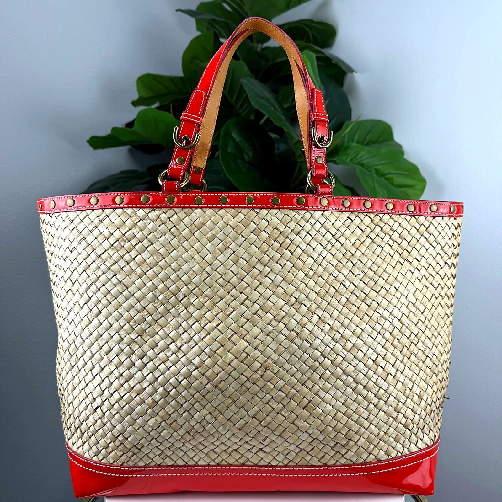 Authentic Coach Legacy Straw Weekend Tote - Red Patent Trim