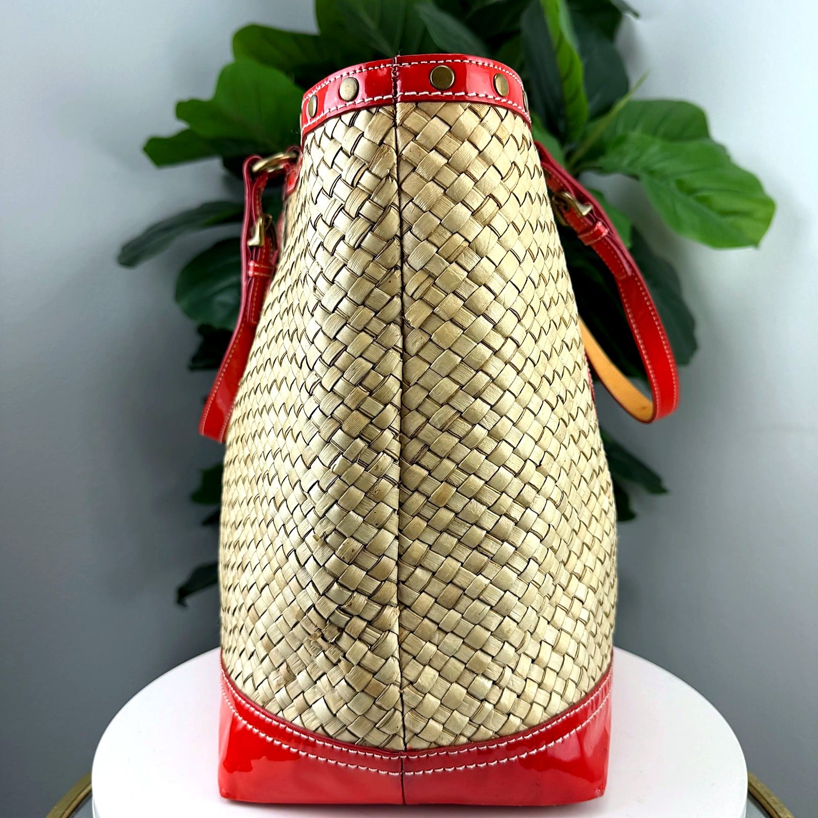 Authentic Coach Legacy Straw Weekend Tote - Red Patent Trim