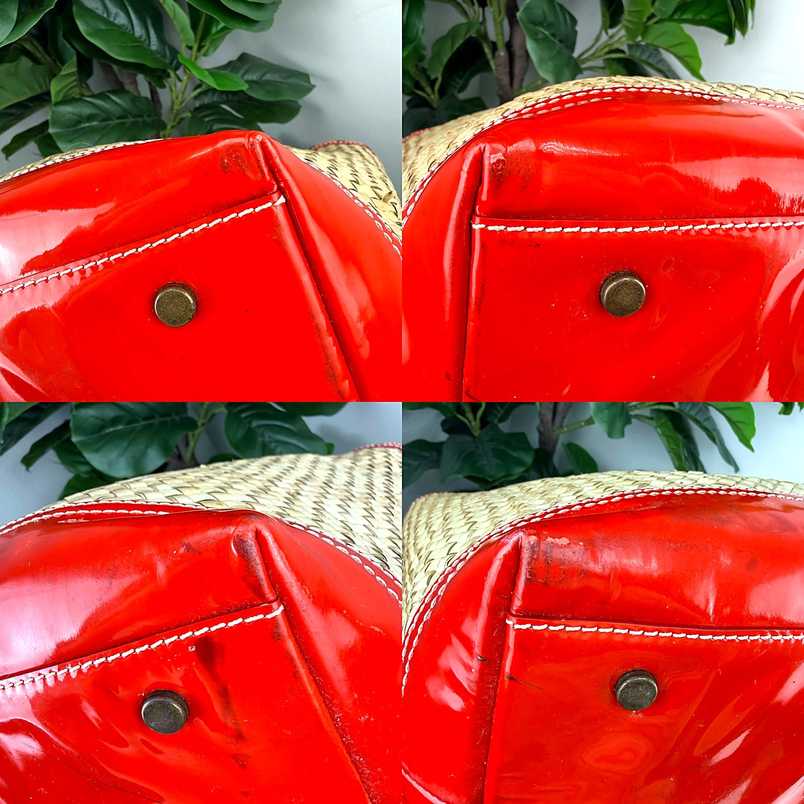 Authentic Coach Legacy Straw Weekend Tote - Red Patent Trim