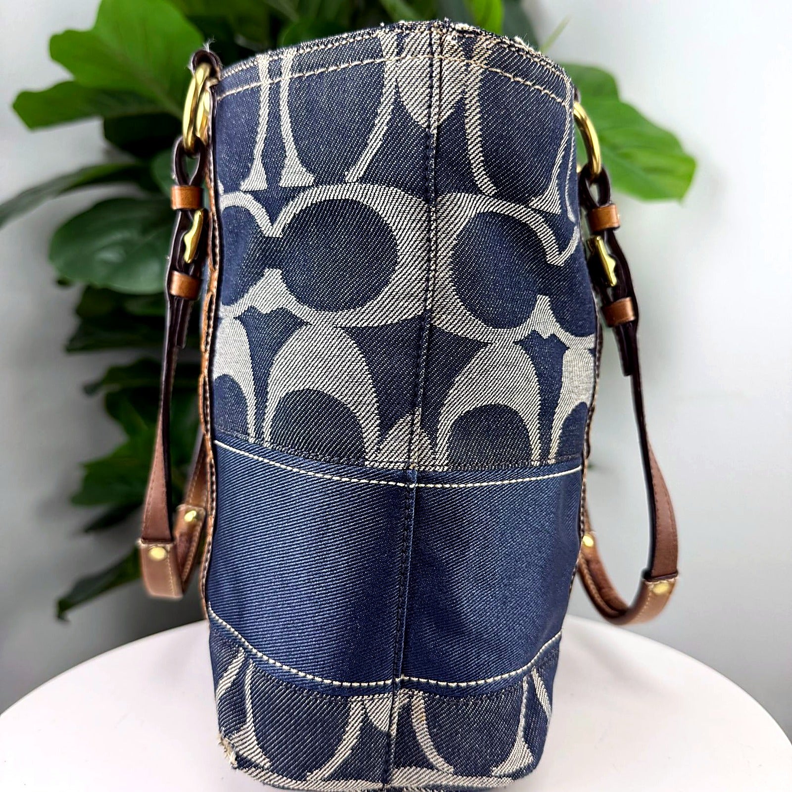 Authentic Coach Denim Signature Tote - Indigo Denim, Tan Leather Trim