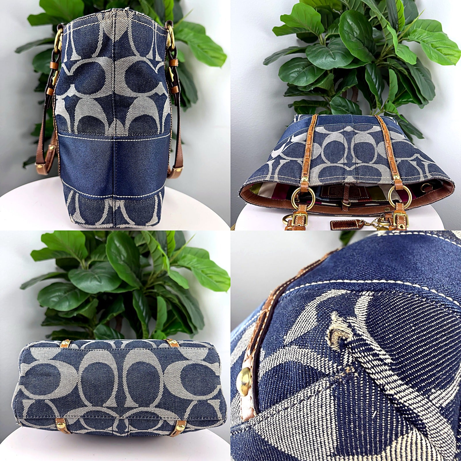 Authentic Coach Denim Signature Tote - Indigo Denim, Tan Leather Trim