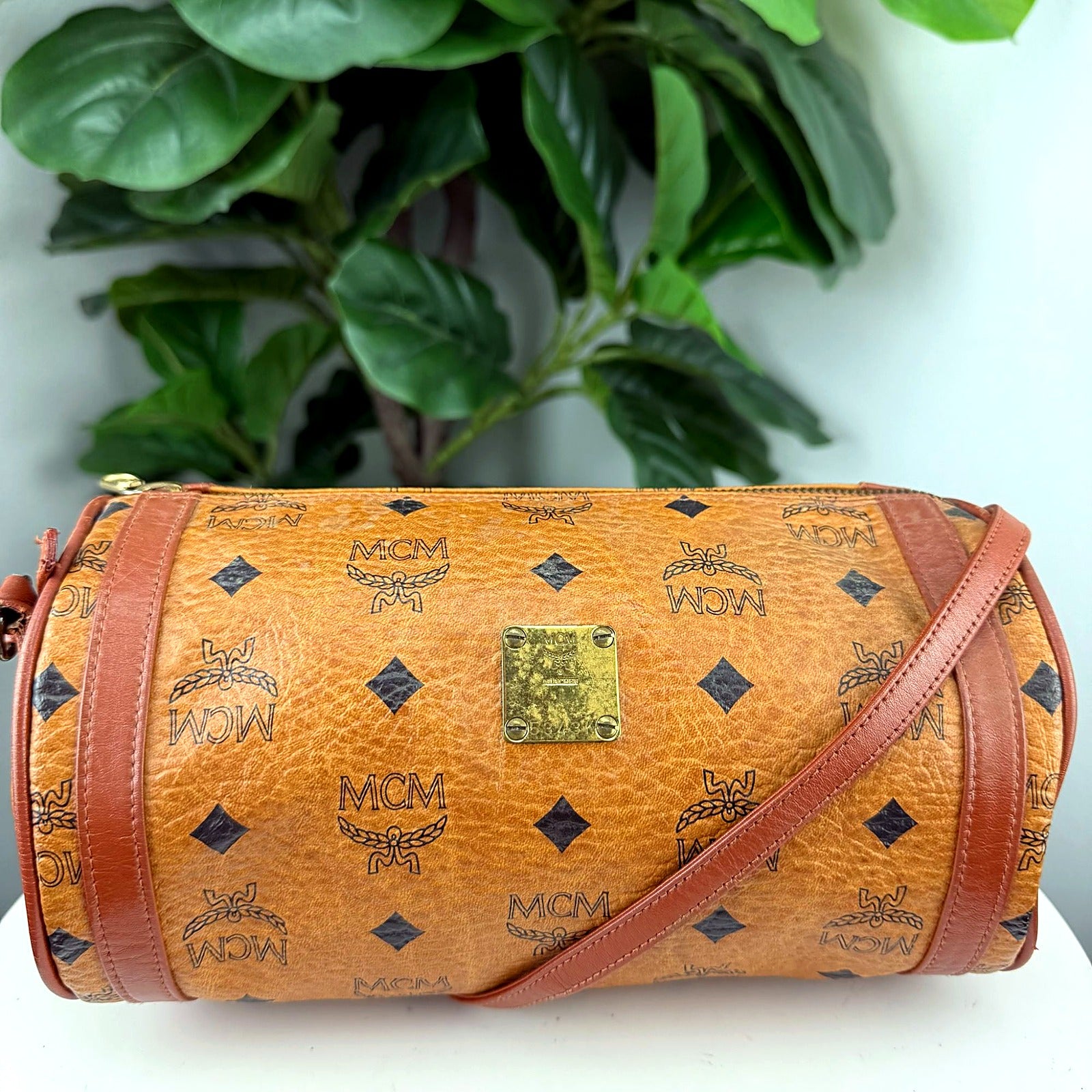 Authentic MCM Cognac Visetos Barrel Duffel Bag - 5343K