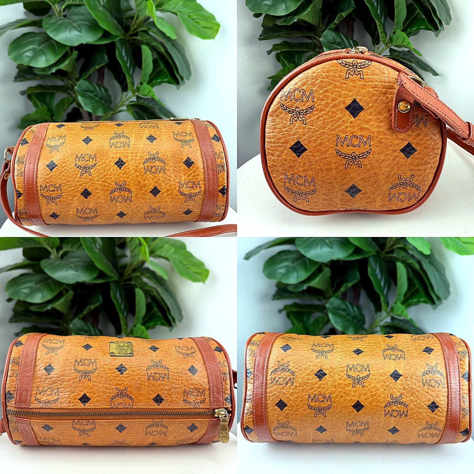 Authentic MCM Cognac Visetos Barrel Duffel Bag - 5343K
