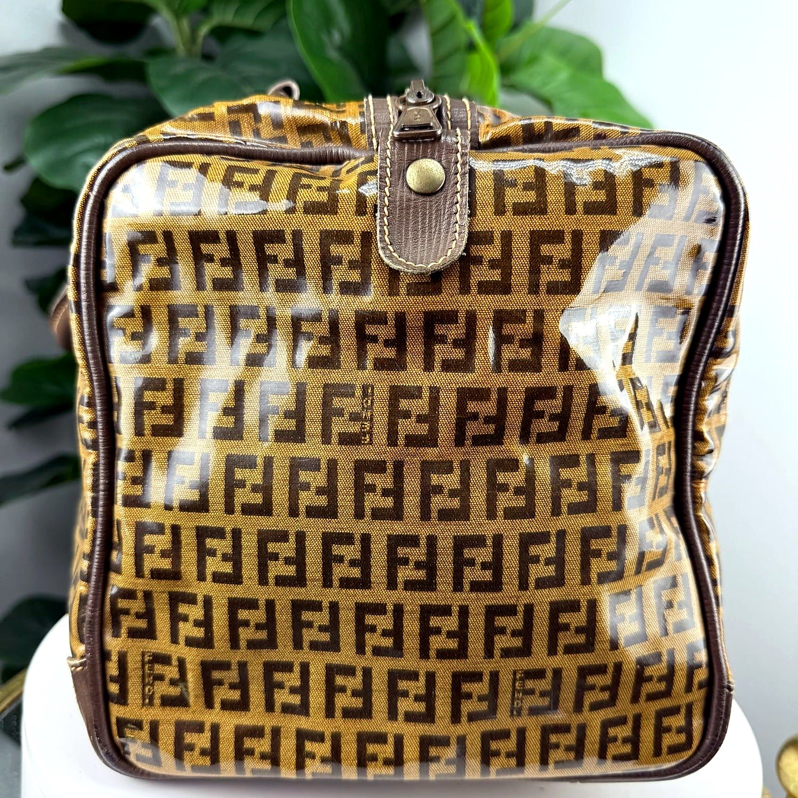 Fendi Zucchino Coated Canvas Boston Bag - Brown Leather Trim