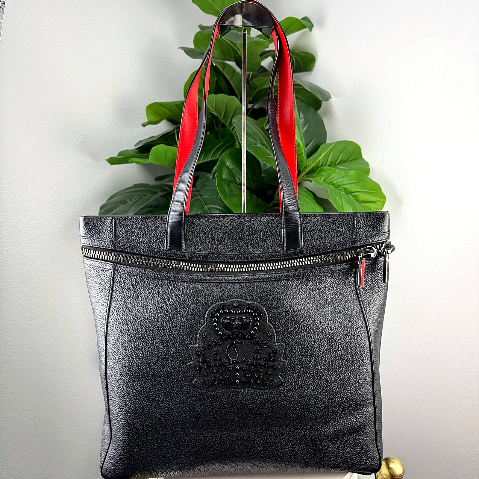 Authentic Christian Louboutin Black Leather Crest Convertible Backpack Tote Bag