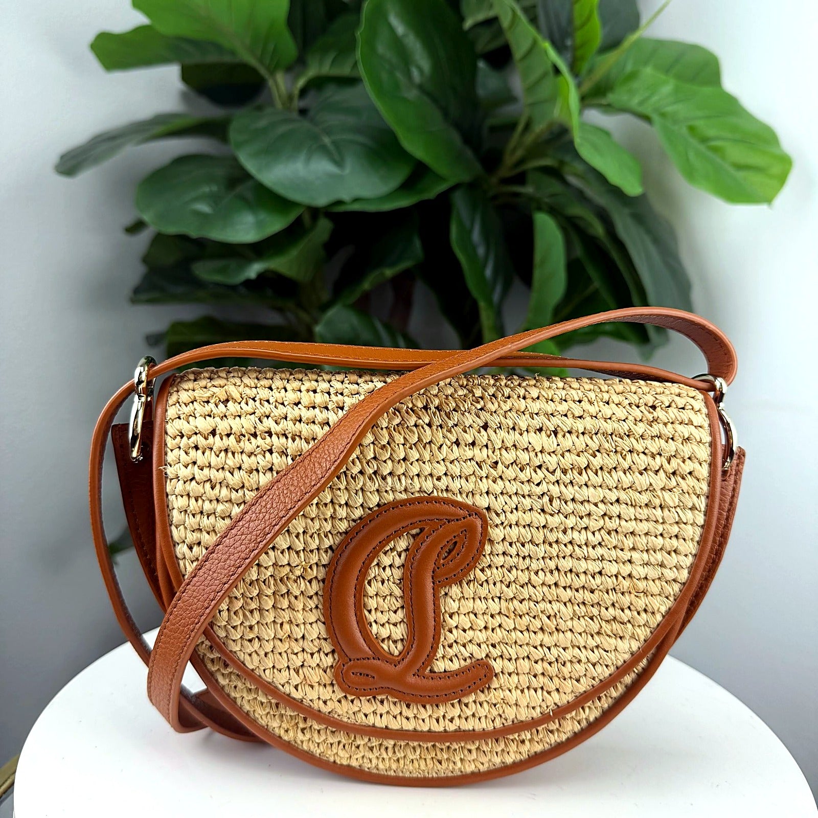 Authentic Christian Louboutin Woven Raffia Half-Moon Saddle Crossbody Bag