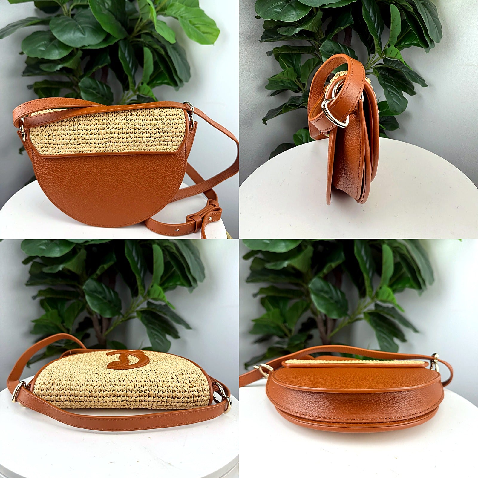 Authentic Christian Louboutin Woven Raffia Half-Moon Saddle Crossbody Bag