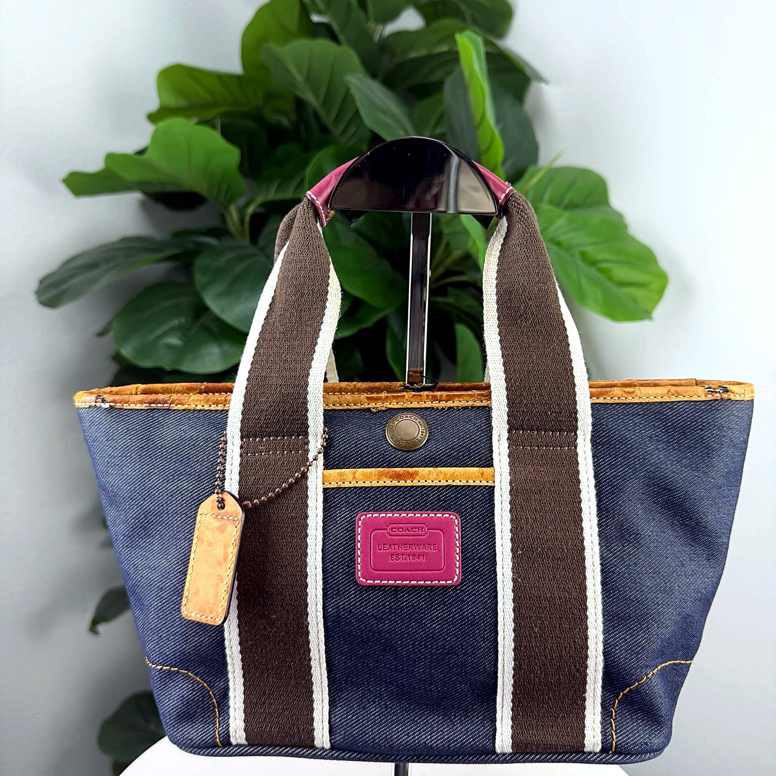 Authentic Vintage Coach Denim Tote Bag with Pink Leather Trim