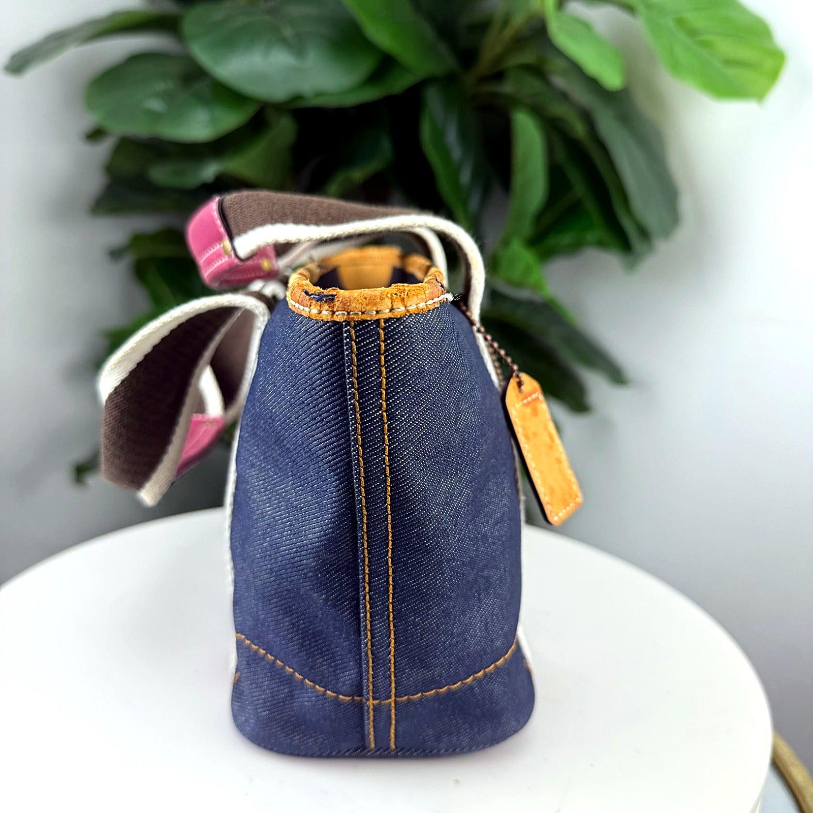 Authentic Vintage Coach Denim Tote Bag with Pink Leather Trim