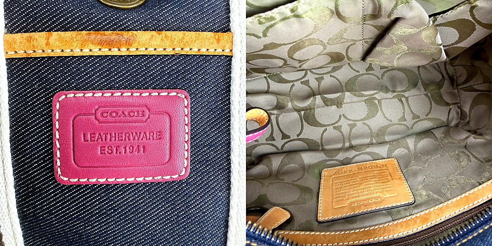 Authentic Vintage Coach Denim Tote Bag with Pink Leather Trim
