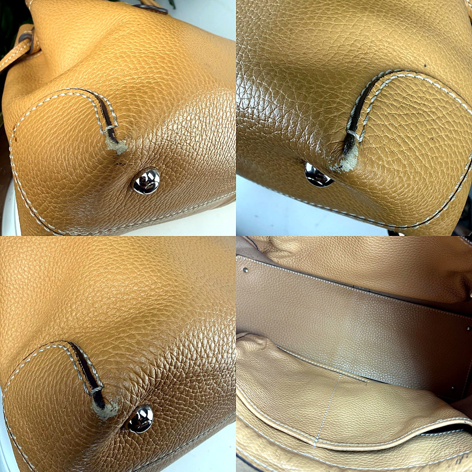 Tod's tan pebbled leather tote detail grid 2