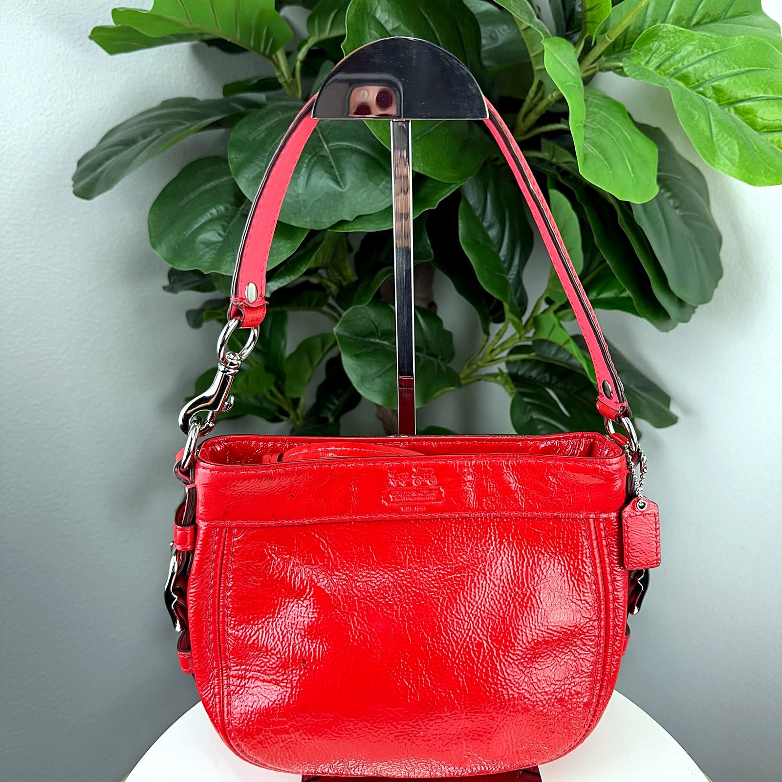 Coach red patent leather Zoe hobo front