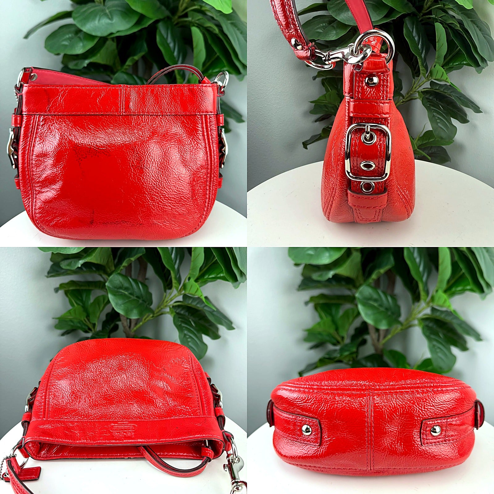 Coach red patent leather Zoe hobo detail grid 1