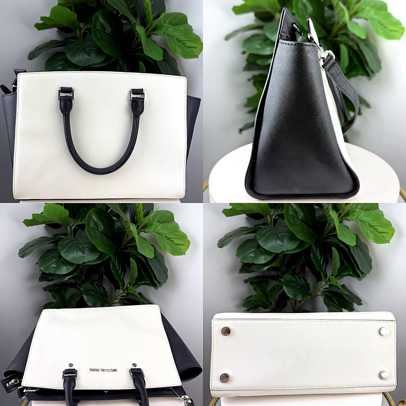 Michael Kors Selma black and white satchel detail grid 1