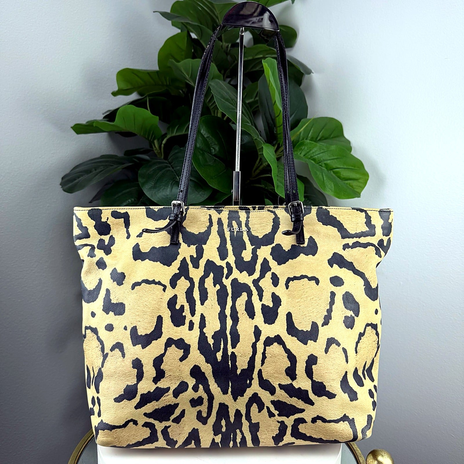 Furla leopard print calf hair tote front