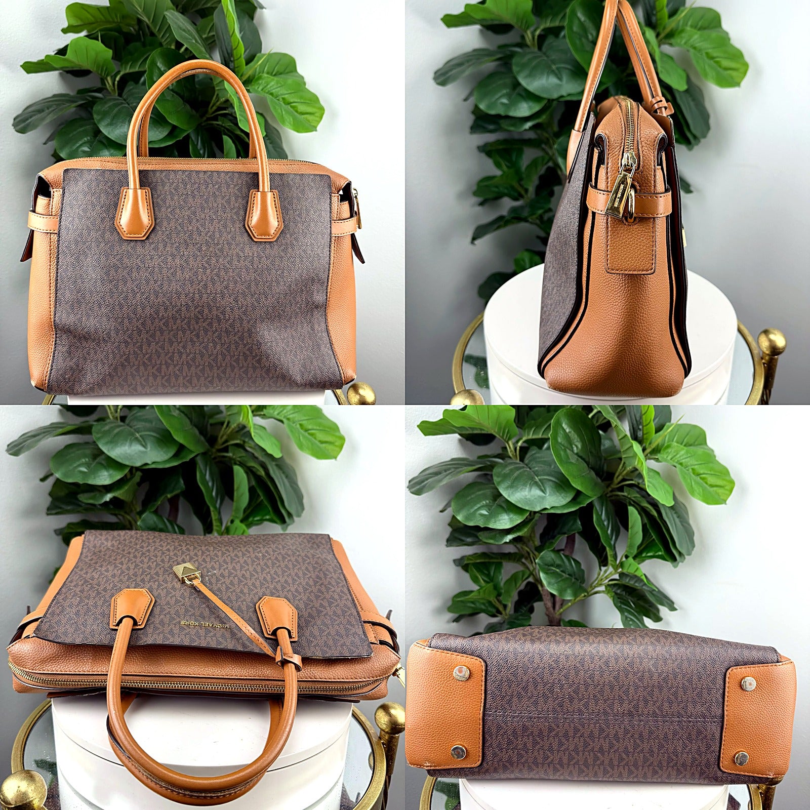 Michael Kors Mercer brown logo satchel detail grid 1