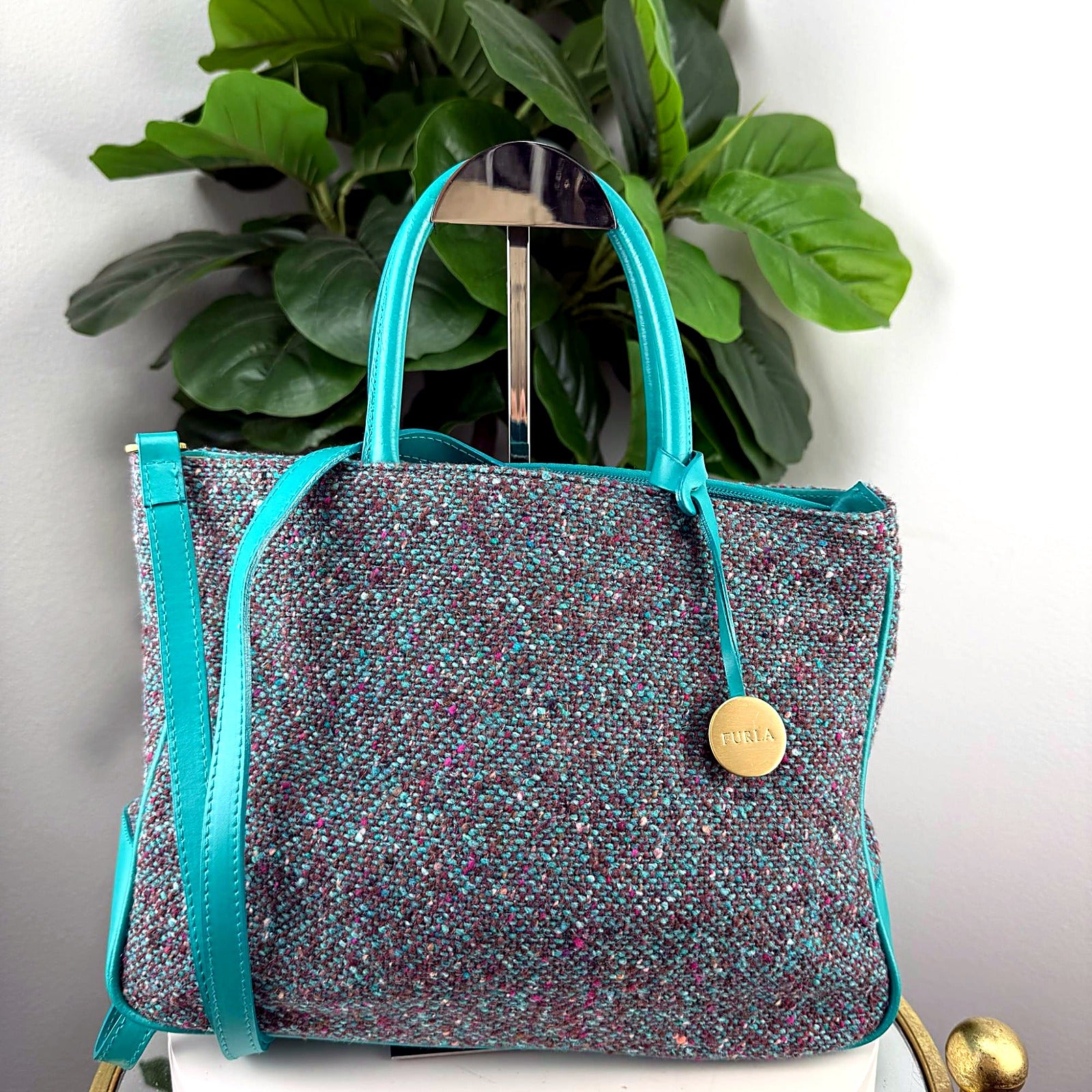 Furla teal tweed and leather tote front