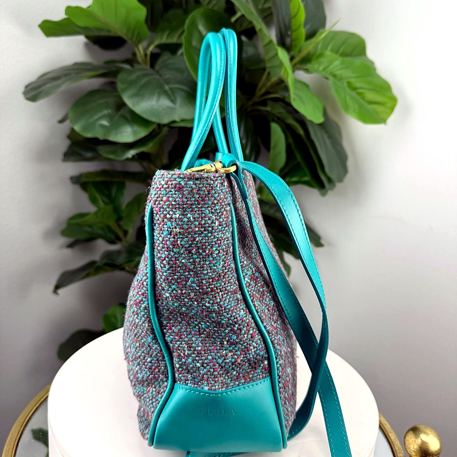 Furla teal tweed and leather tote back