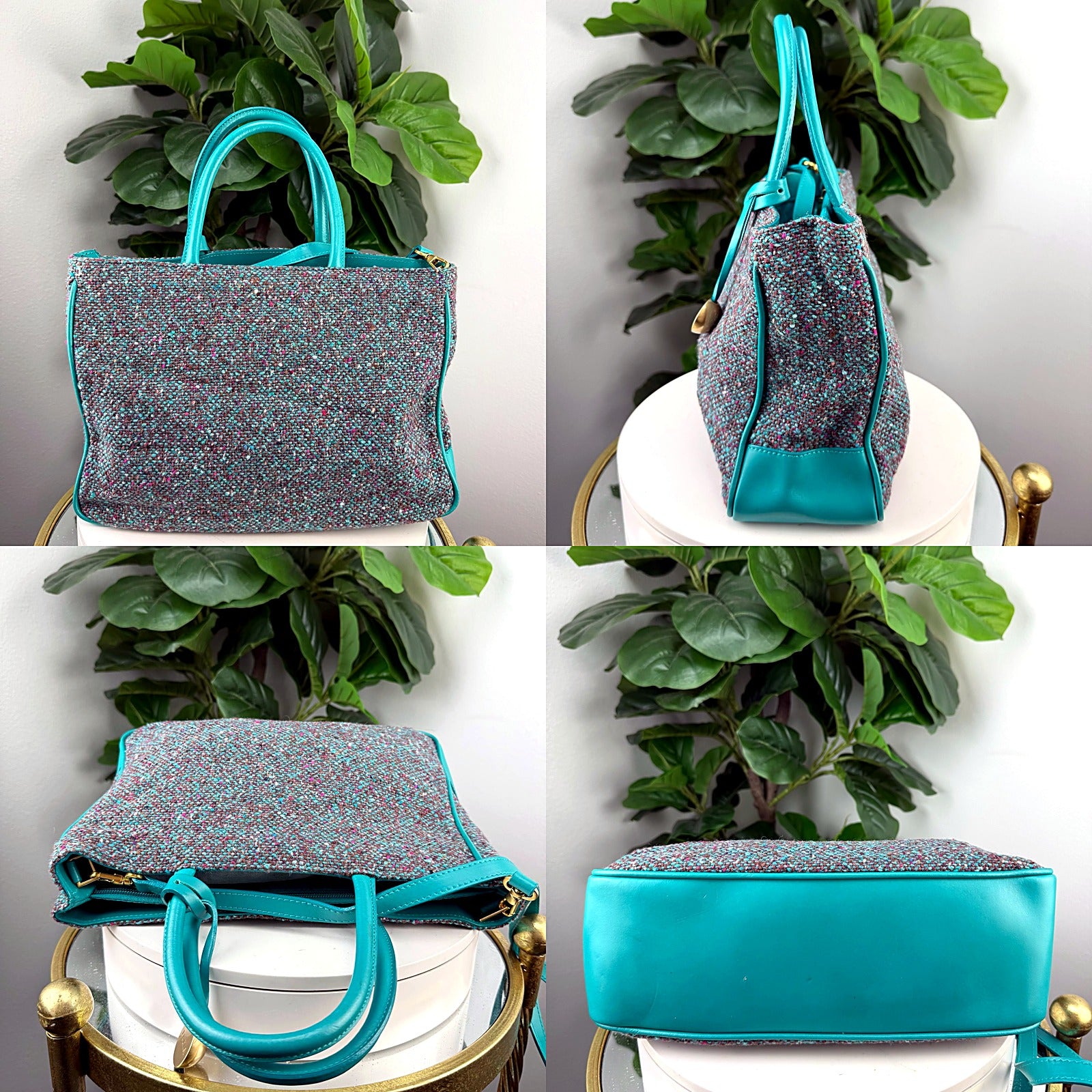 Furla teal tweed and leather tote detail grid 1