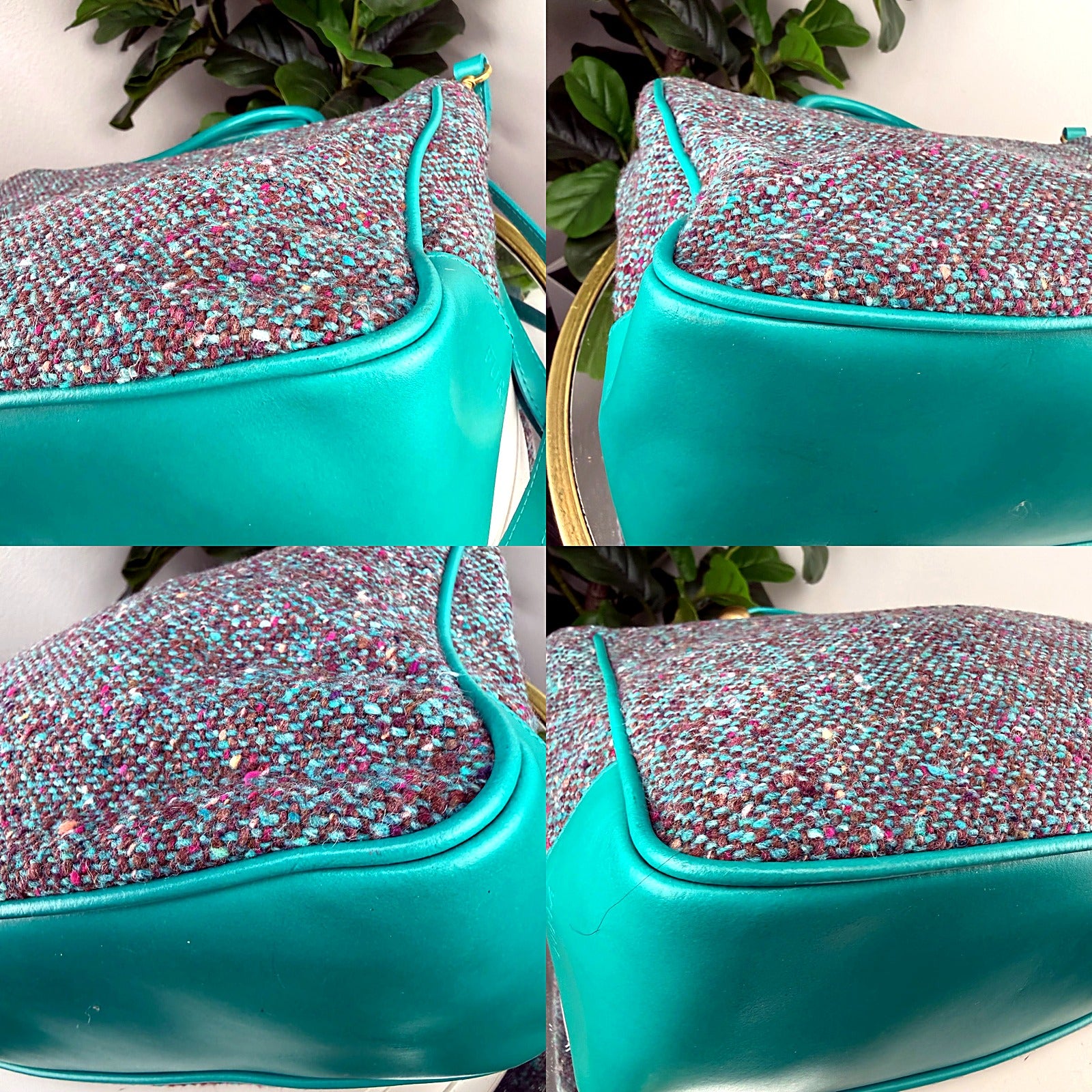 Furla teal tweed and leather tote detail grid 2