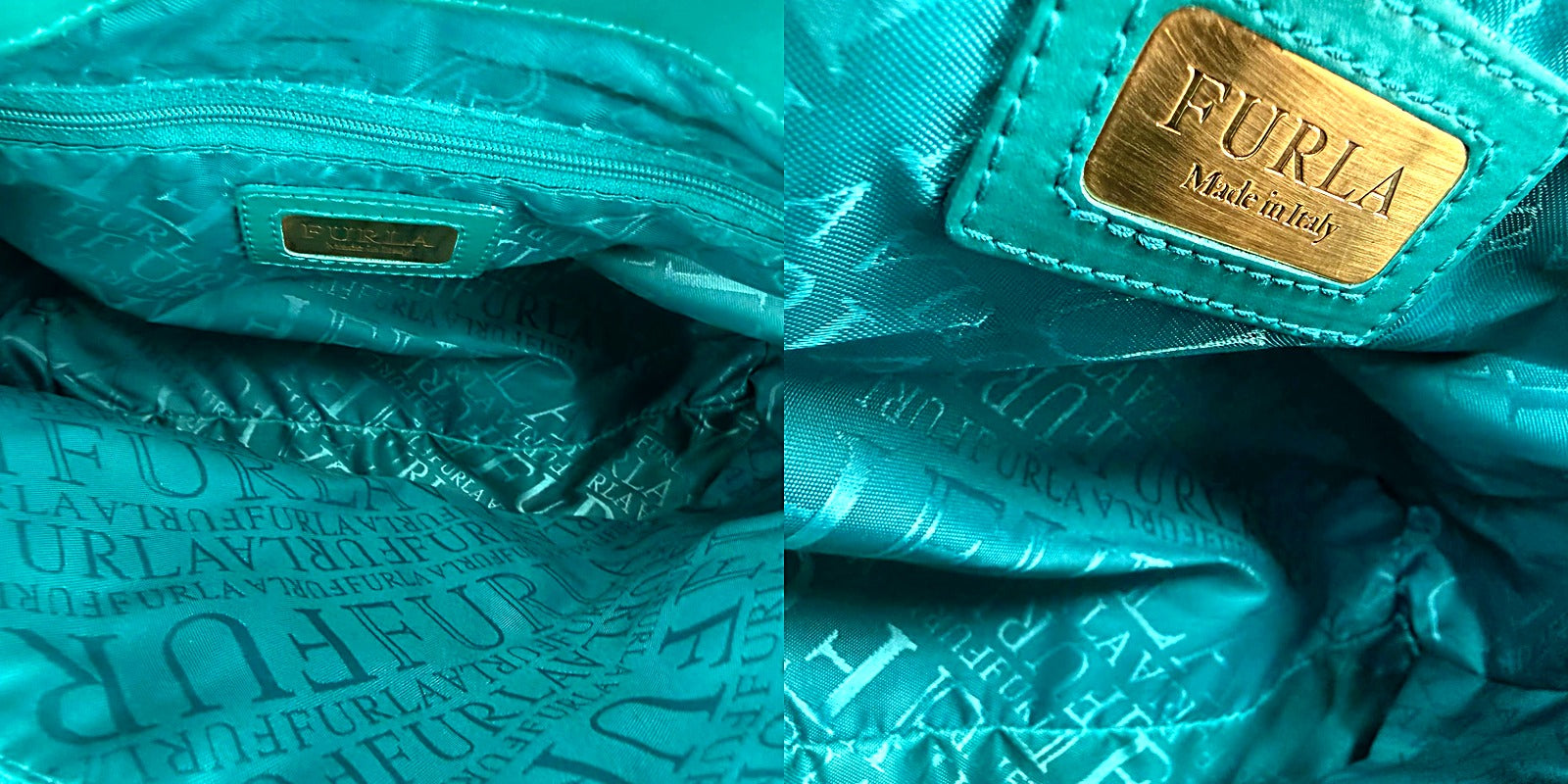 Furla teal tweed and leather tote pair view