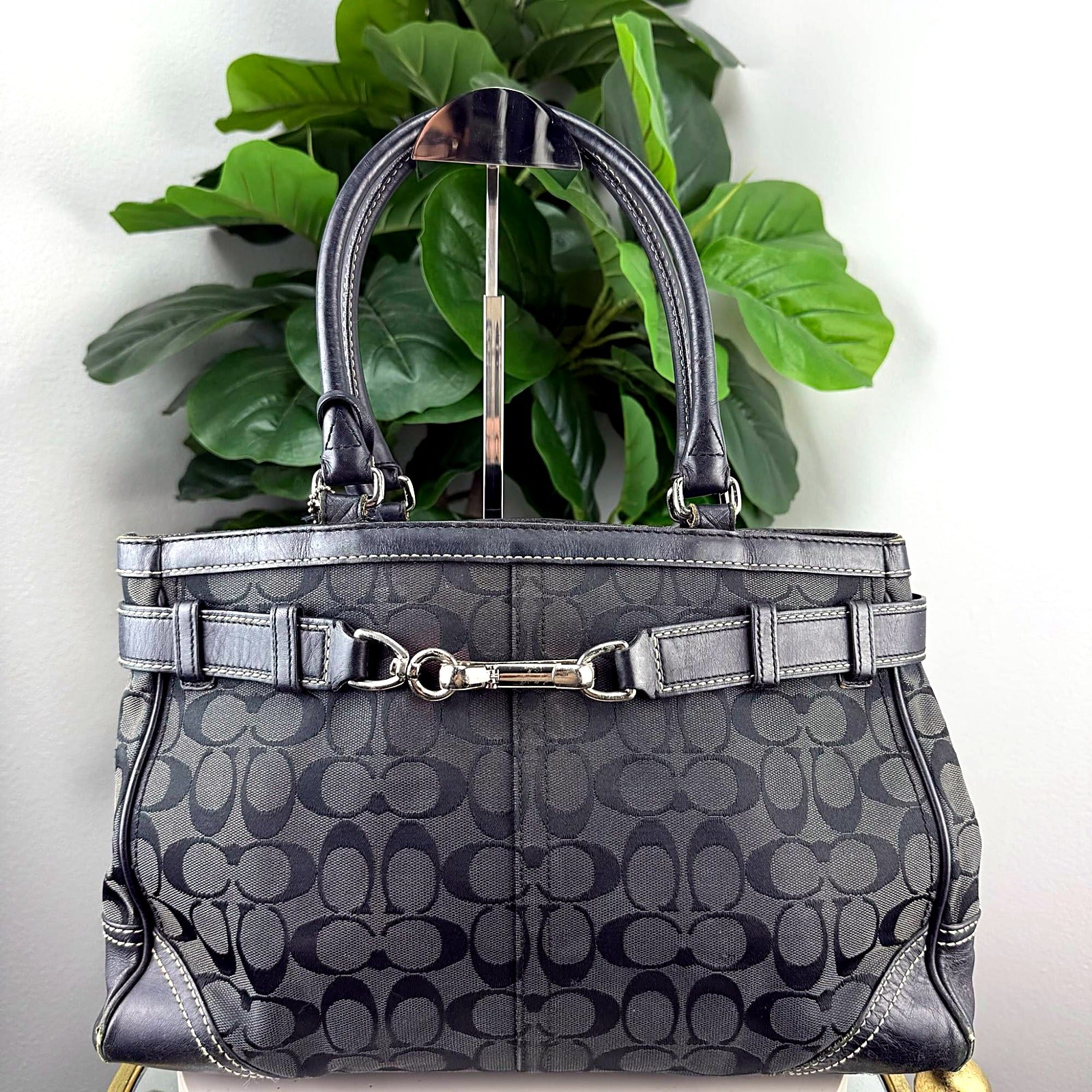 Coach black signature jacquard belt-buckle tote front