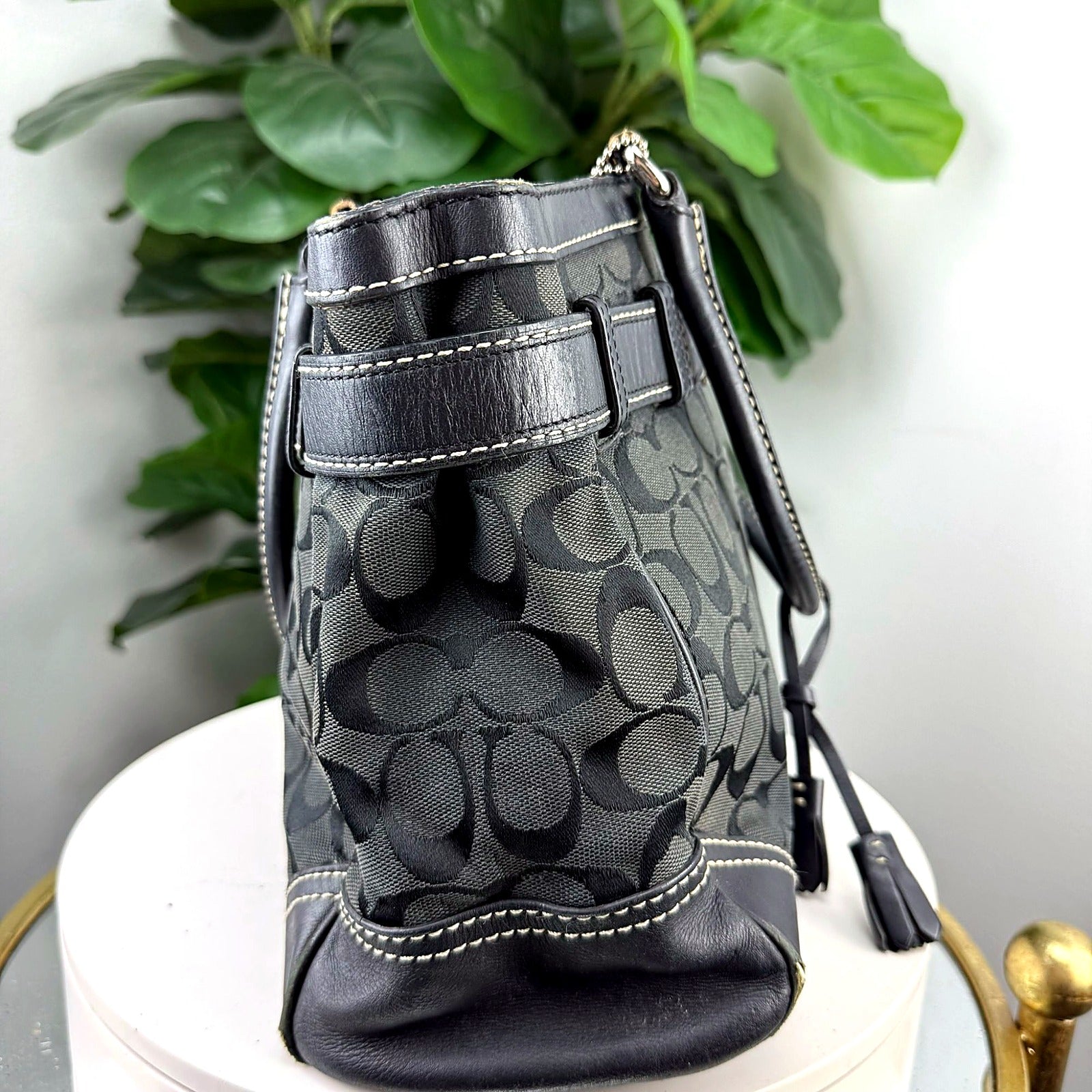 Coach black signature jacquard belt-buckle tote back