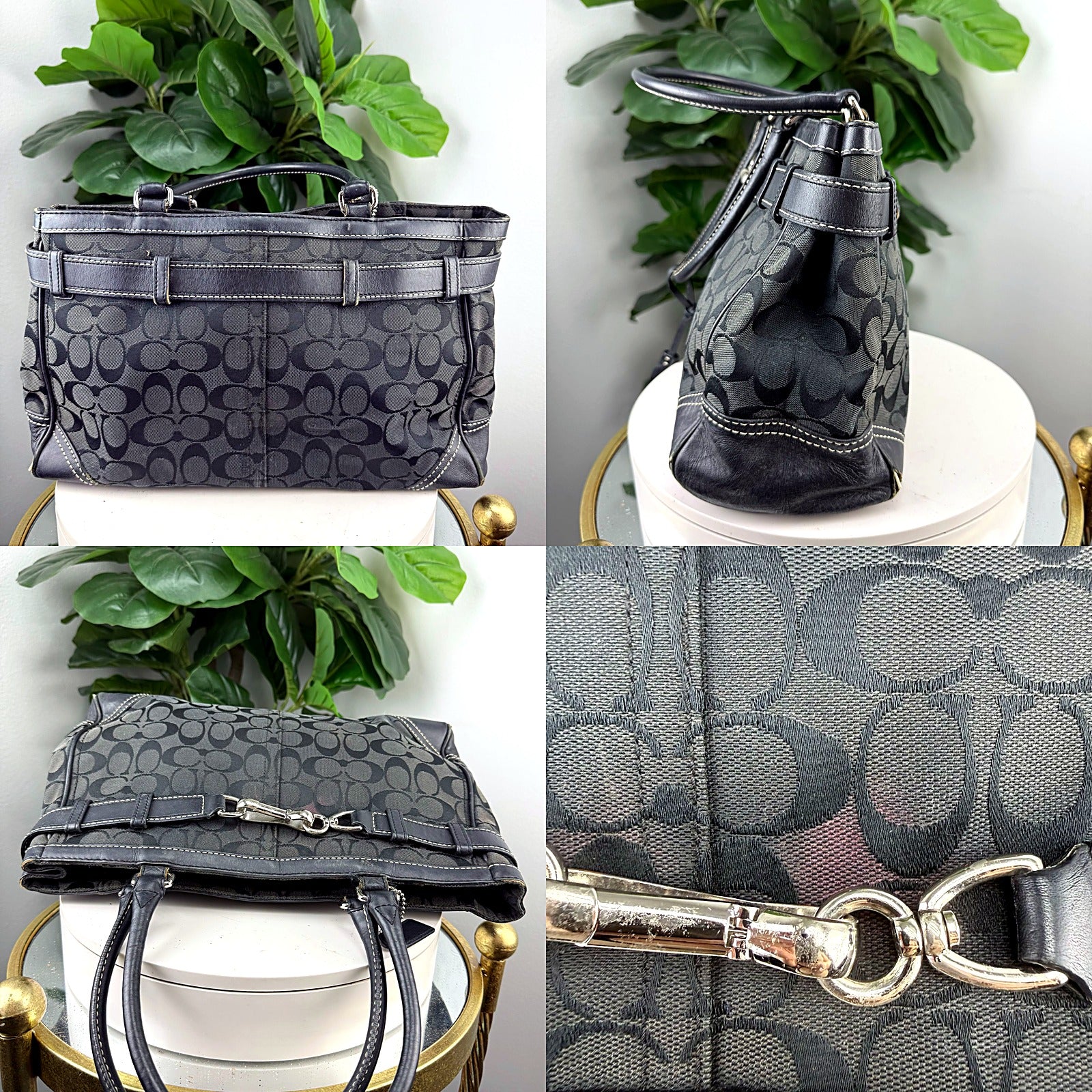 Coach black signature jacquard belt-buckle tote detail grid 1