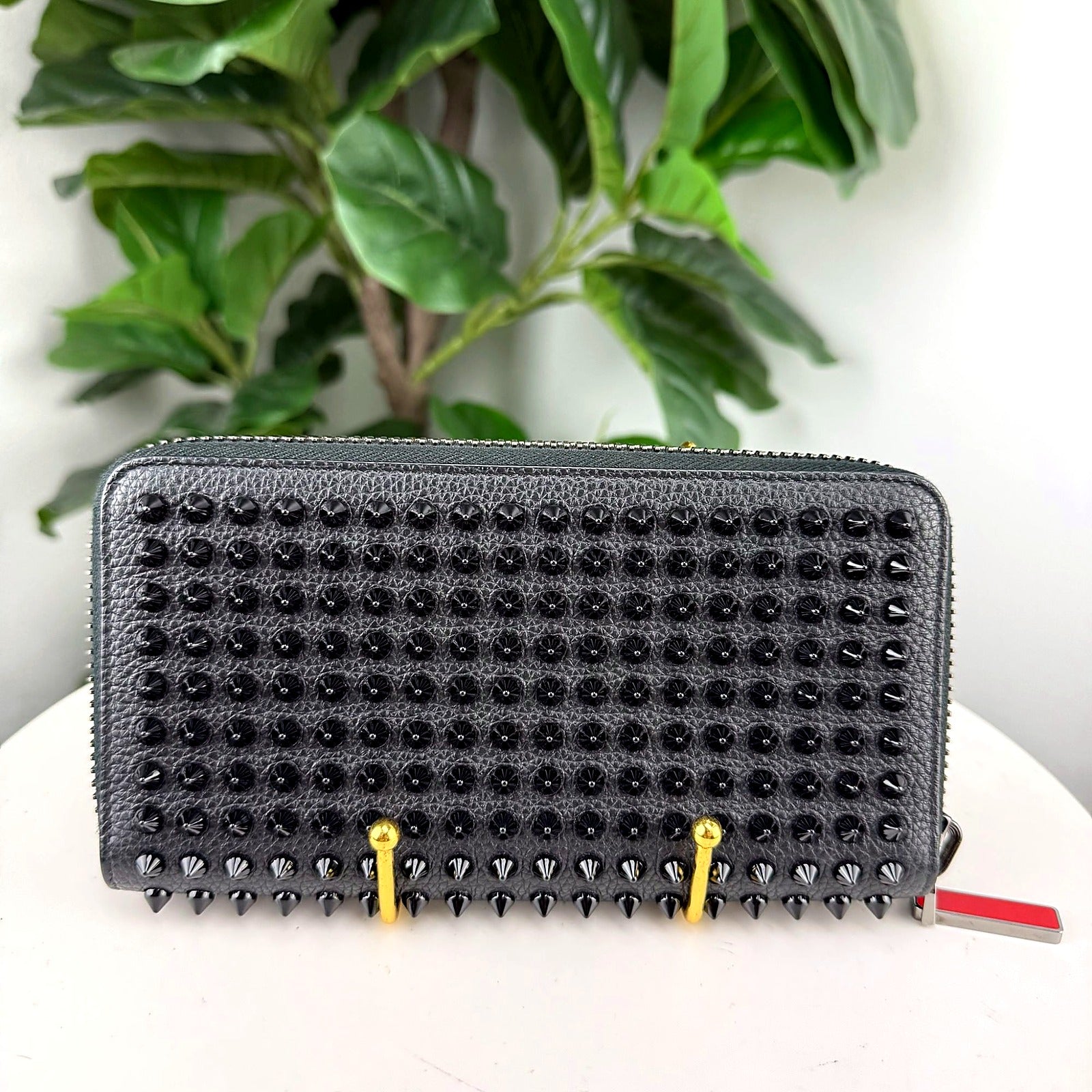 Authentic Christian Louboutin Spike-Studded Leather Zip Wallet - front