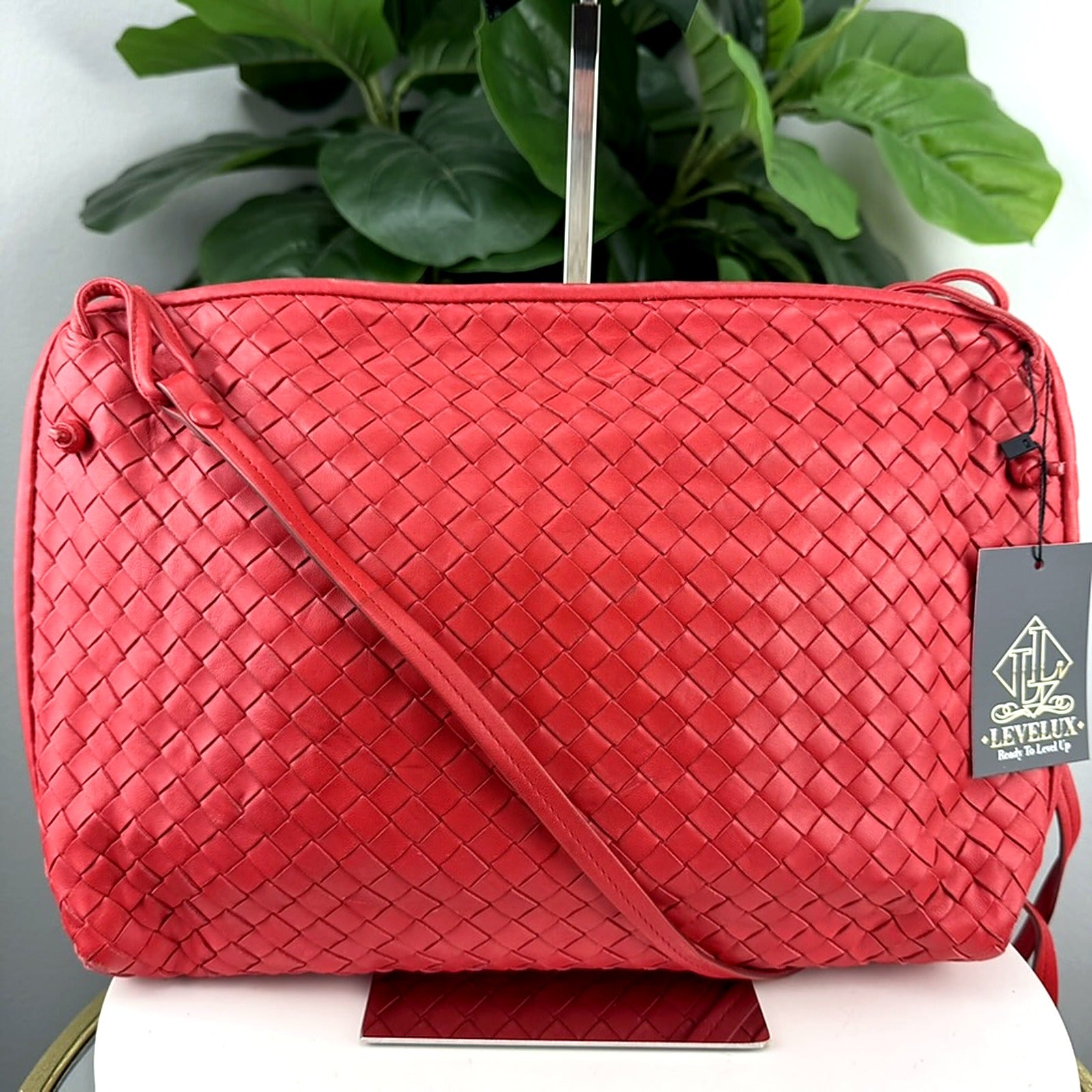 Authentic Bottega Veneta Red Intrecciato Woven Leather Crossbody Bag - front