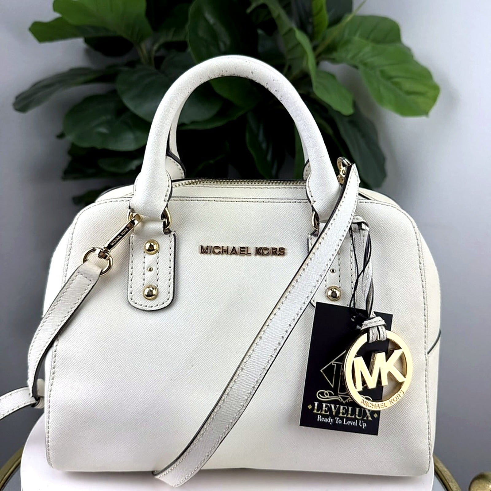Authentic Michael Kors White Saffiano Leather Dome Satchel - front