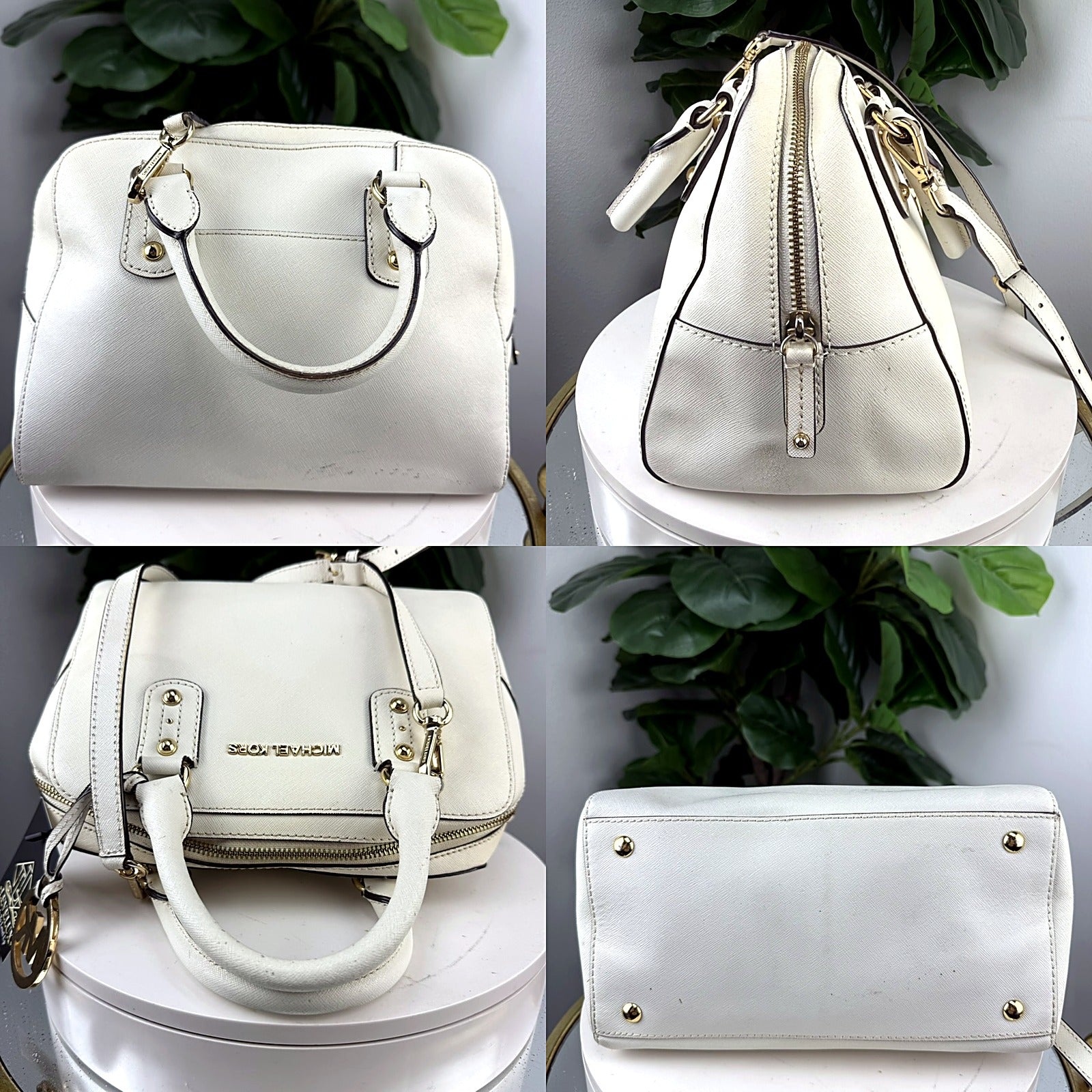 Authentic Michael Kors White Saffiano Leather Dome Satchel - detail grid 1