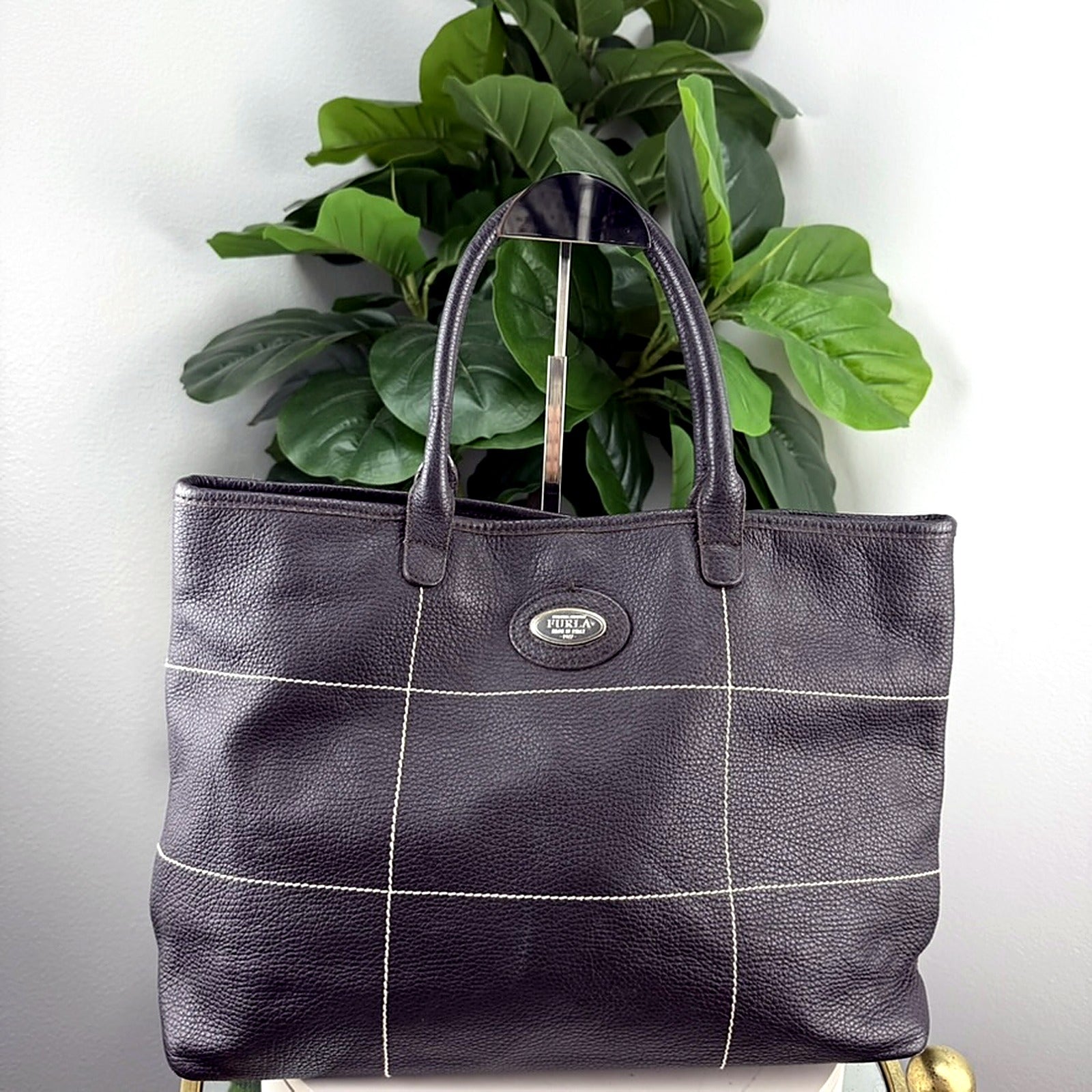 Authentic Vintage Furla Black Pebbled Leather Tote - back