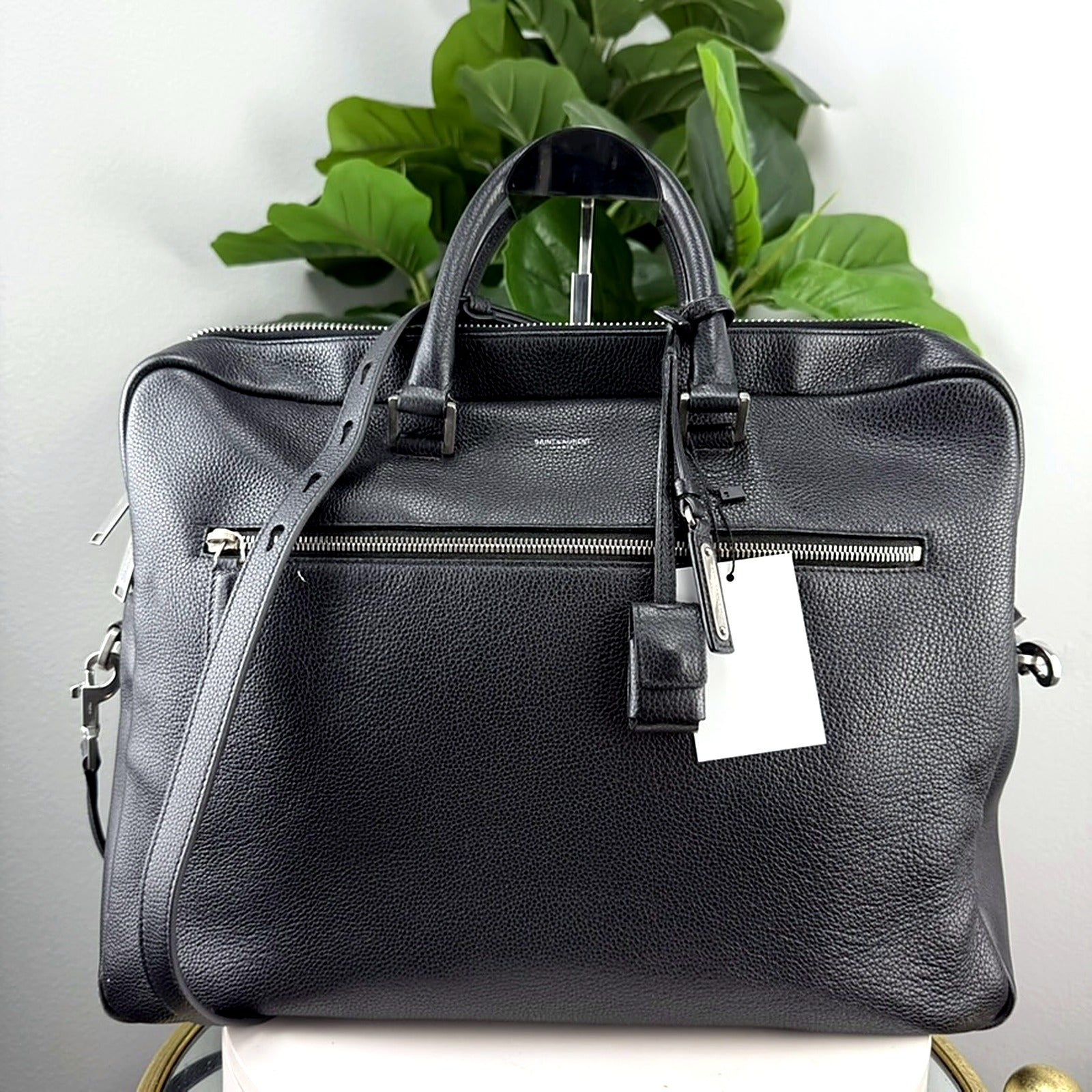 Authentic Saint Laurent Black Pebbled Leather Duffle 6 Briefcase/Weekender Bag