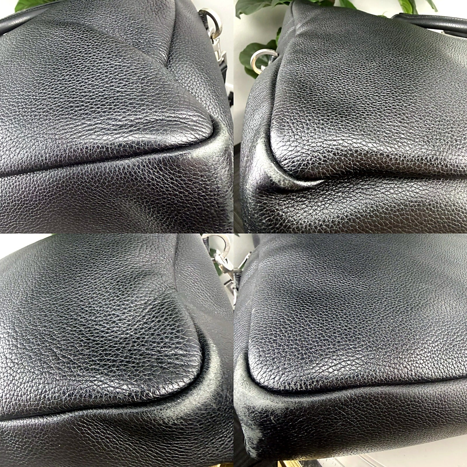 Close-up of a black pebbled leather handbag showing the texture and seams of the material in a four-panel detail view.