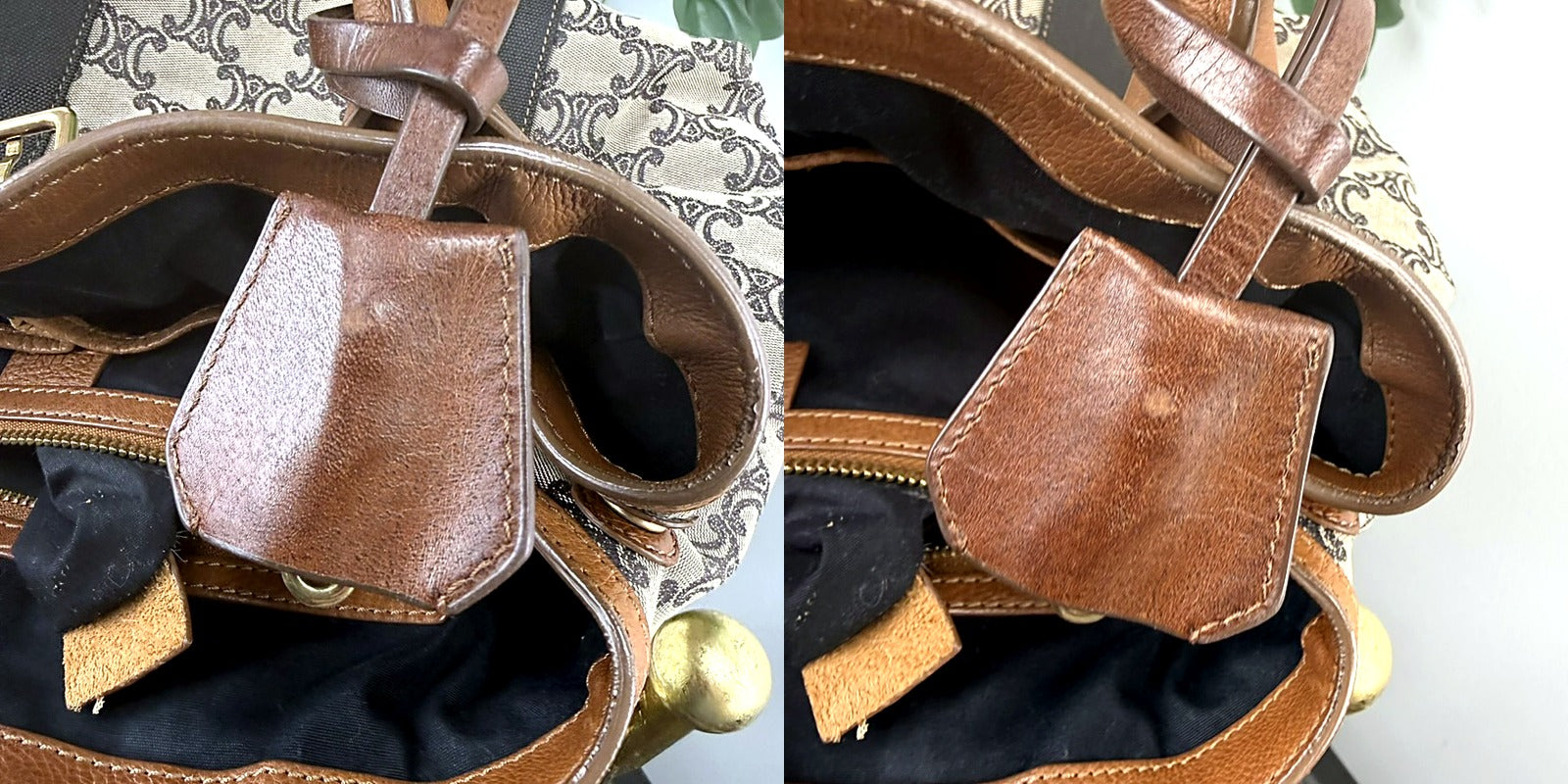 Celine Macadam monogram canvas duffel tote - handle tab wear detail